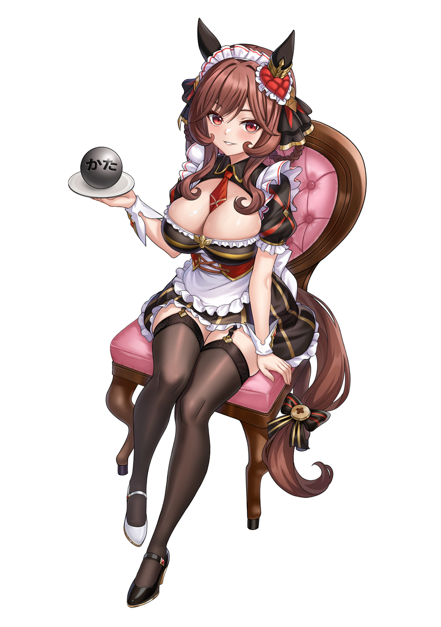 vococo, gentildonna (umamusume), umamusume, hashtag-only commentary, highres, translated, 1girl, animal ears, apron, black dress, black thighhighs, bow, braid, braided hair rings, breasts, brown hair, carrot, chair, cleavage, cleavage cutout, clothing cutout, dress, ear covers, garter straps, hair between eyes, hair ornament, hair rings, heart-shaped ornament, heart ear ornament, high heels, holding, holding plate, horse ears, horse girl, horse tail, large breasts, long hair, looking at viewer, maid, maid apron, maid headdress, metal ball, mismatched shoes, necktie, parted lips, plate, red eyes, red necktie, simple background, sitting, smile, solo, strong, tail, tail bow, tail ornament, thighhighs, waist apron, whipped cream, white apron, white background, white headdress, white wrist cuffs, wrist cuffs