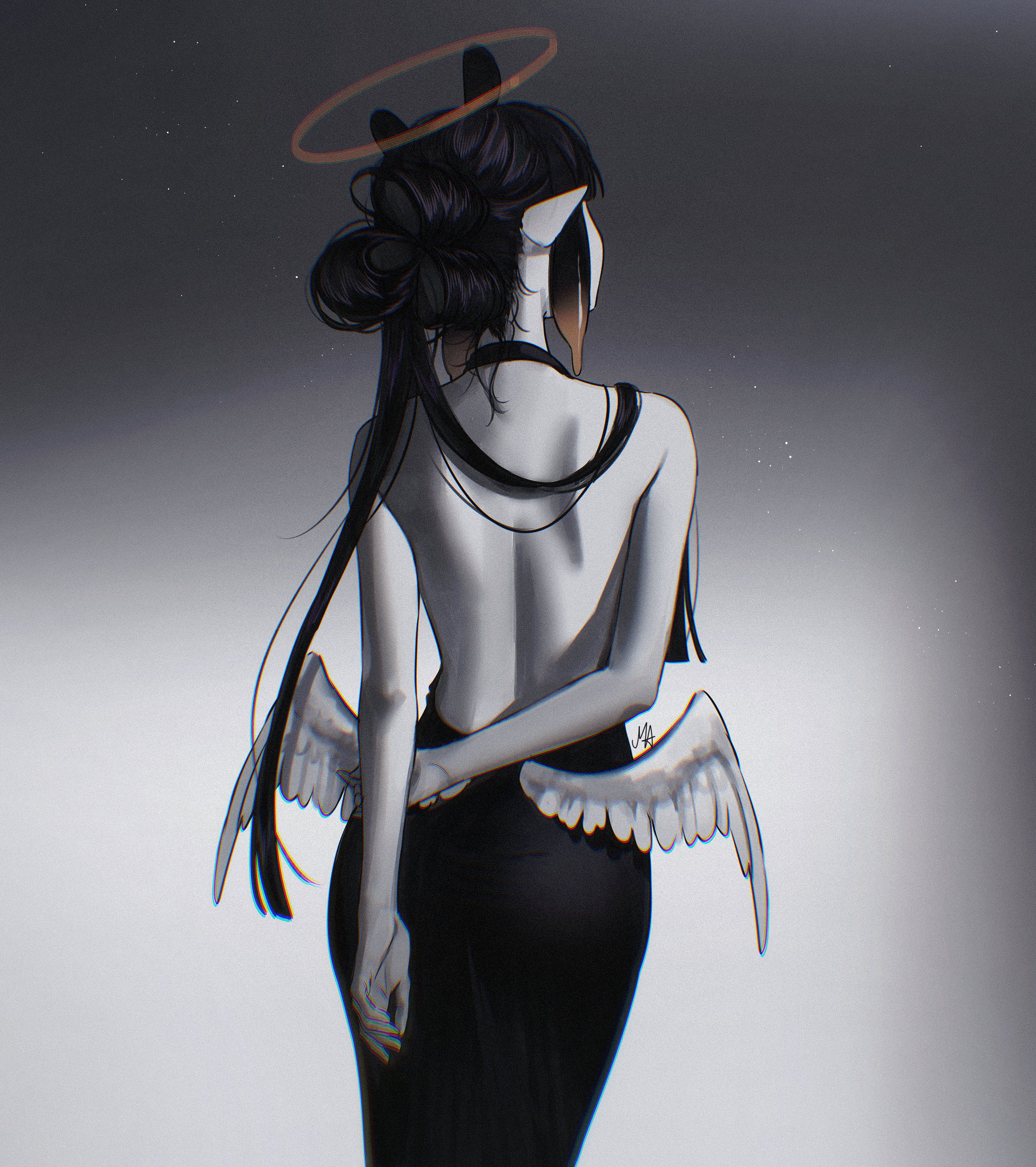 ani 019, ninomae ina'nis, hololive, hololive english, absurdres, commentary, english commentary, highres, 1girl, alternate costume, ass, backless dress, backless outfit, bow-shaped hair, cowboy shot, dress, from behind, gradient hair, greyscale, halo, halter dress, halterneck, holding own hand, lone nape hair, long hair, looking ahead, low wings, median furrow, monochrome, multicolored hair, orange halo, pointy ears, shoulder blades, signature, sleeveless, solo, spot color, standing, tentacle hair, wings