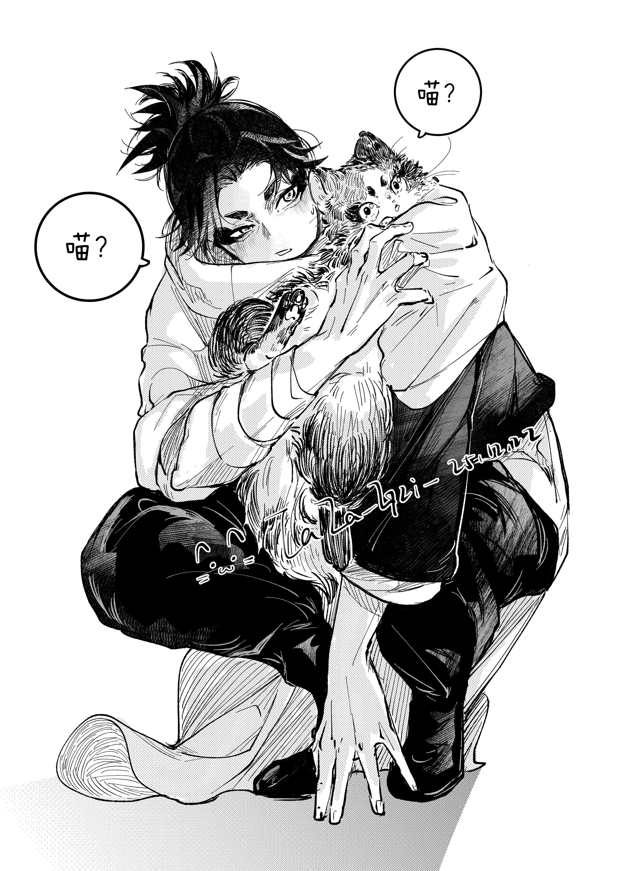 whalebone 1022, uruha youji, kagurabachi, absurdres, highres, 1boy, animal, animal hug, calico (pattern), calico cat, cat, chinese text, cloak, dated, forehead, full body, greyscale, half-closed eye, hand on floor, high ponytail, male focus, monochrome, parted bangs, ponytail, shadow, short hair, signature, simple background, solo, speech bubble, squatting, sweat, tiptoes