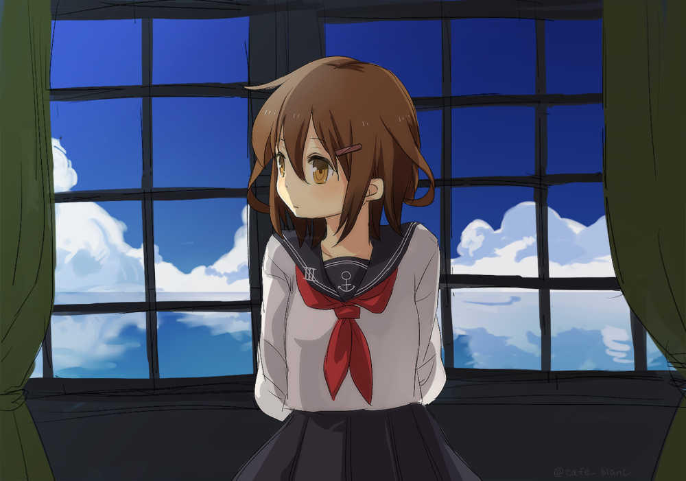 motohara moka, ikazuchi (kancolle), kantai collection, commentary request, 1girl, anchor symbol, arms behind back, black sailor collar, black skirt, blue sky, blush, breasts, brown eyes, brown hair, cloud, collarbone, curtains, day, double-parted bangs, hair between eyes, hair ornament, hairpin, horizon, indoors, long sleeves, looking to the side, medium breasts, neckerchief, pin, pleated skirt, red neckerchief, sailor collar, school uniform, serafuku, shirt, sidelocks, skirt, sky, solo, standing, twitter username, upper body, water, white shirt, window
