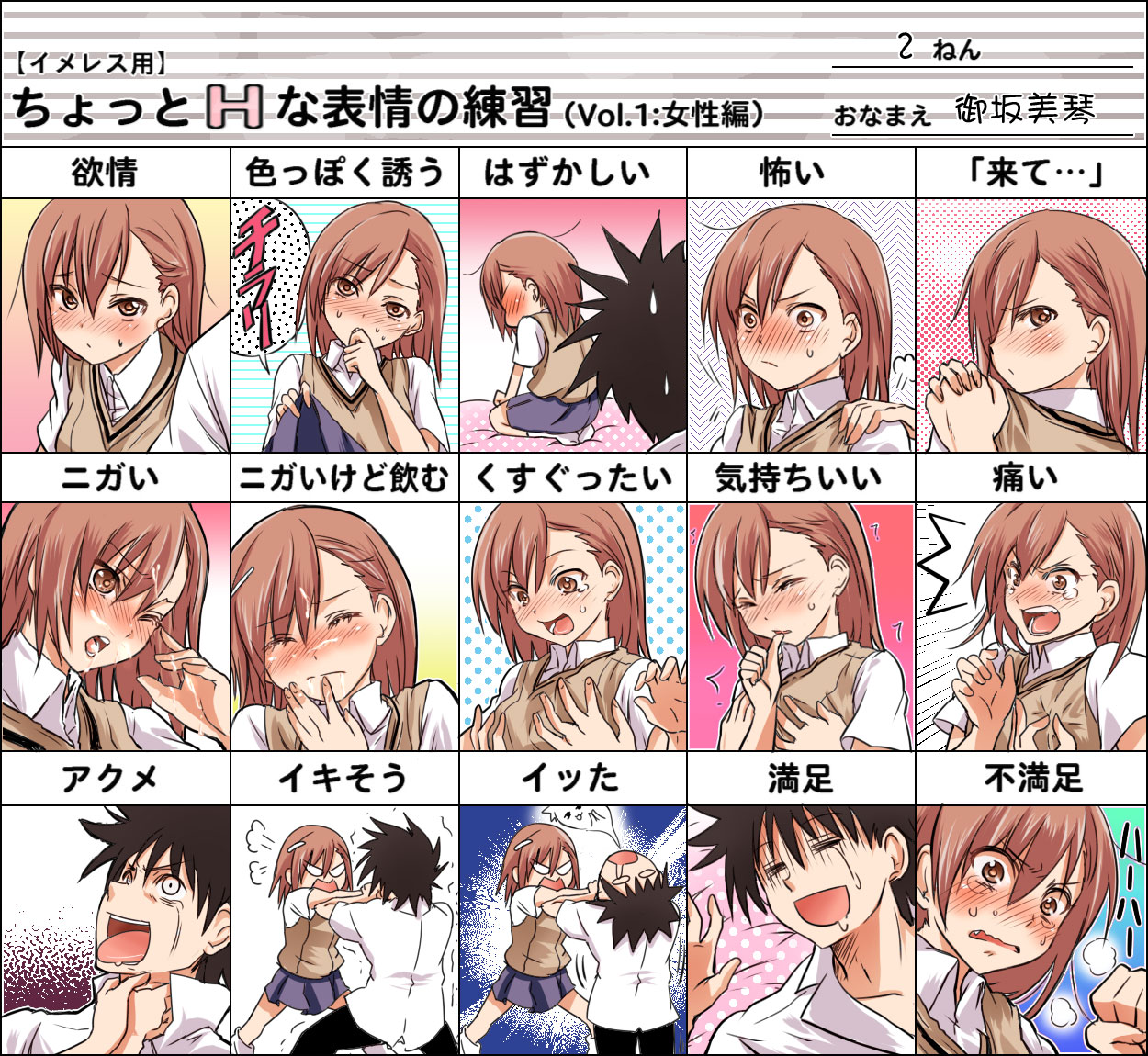 sakayama shinta, kamijou touma, misaka mikoto, toaru majutsu no index, bad id, bad pixiv id, translated, 00s, 1boy, 1girl, angry, asphyxiation, blush, breasts, brown hair, bukkake, clothed sex, cum, cum on body, embarrassed, facial, giving up the ghost, gokkun, grabbing another's breast, groping, hair ornament, hairclip, head tilt, hetero, left-to-right manga, looking back, multiple drawing challenge, multiple expressions, multiple views, naughty face, school uniform, slightly naughty expressions practice, small breasts, strangling, swallowing, sweat, sweater vest, tears, tongue, tsundere