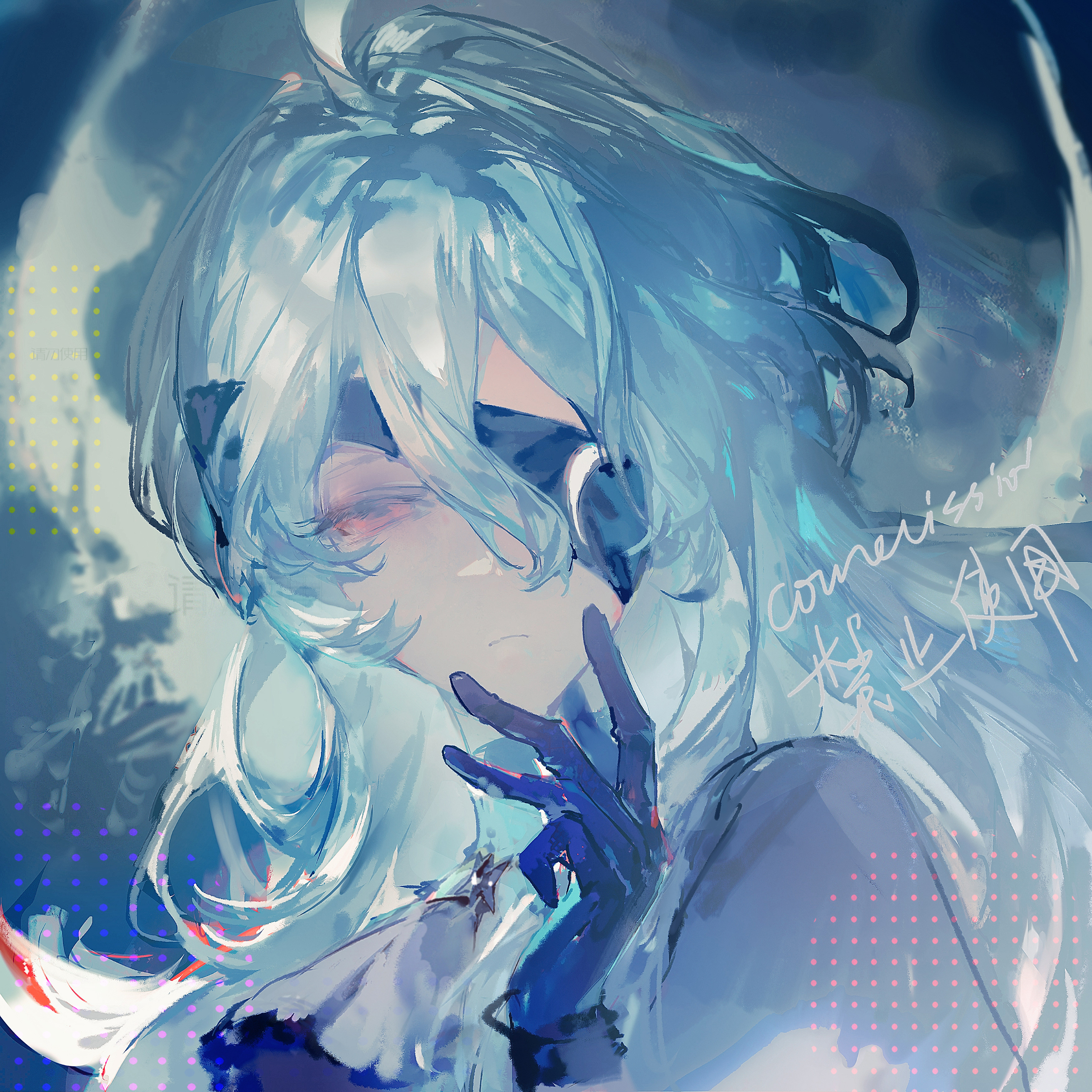 original, absurdres, character request, check copyright, commission, copyright request, highres, 1girl, aqua hair, aqua shirt, ascot, black gloves, chinese text, closed mouth, english text, eyepatch, frown, gloves, grey ascot, grey jacket, hand up, jacket, long hair, looking at viewer, portrait, red eyes, shirt, solo, watermark, zhichitianshi