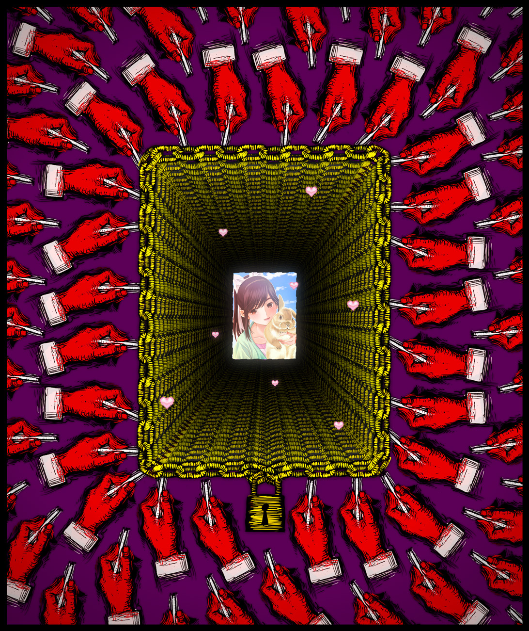 nababa, takane manaka, love plus, bad id, bad pixiv id, highres, 1girl, chain, heart, lock, perspective, rabbit, surreal