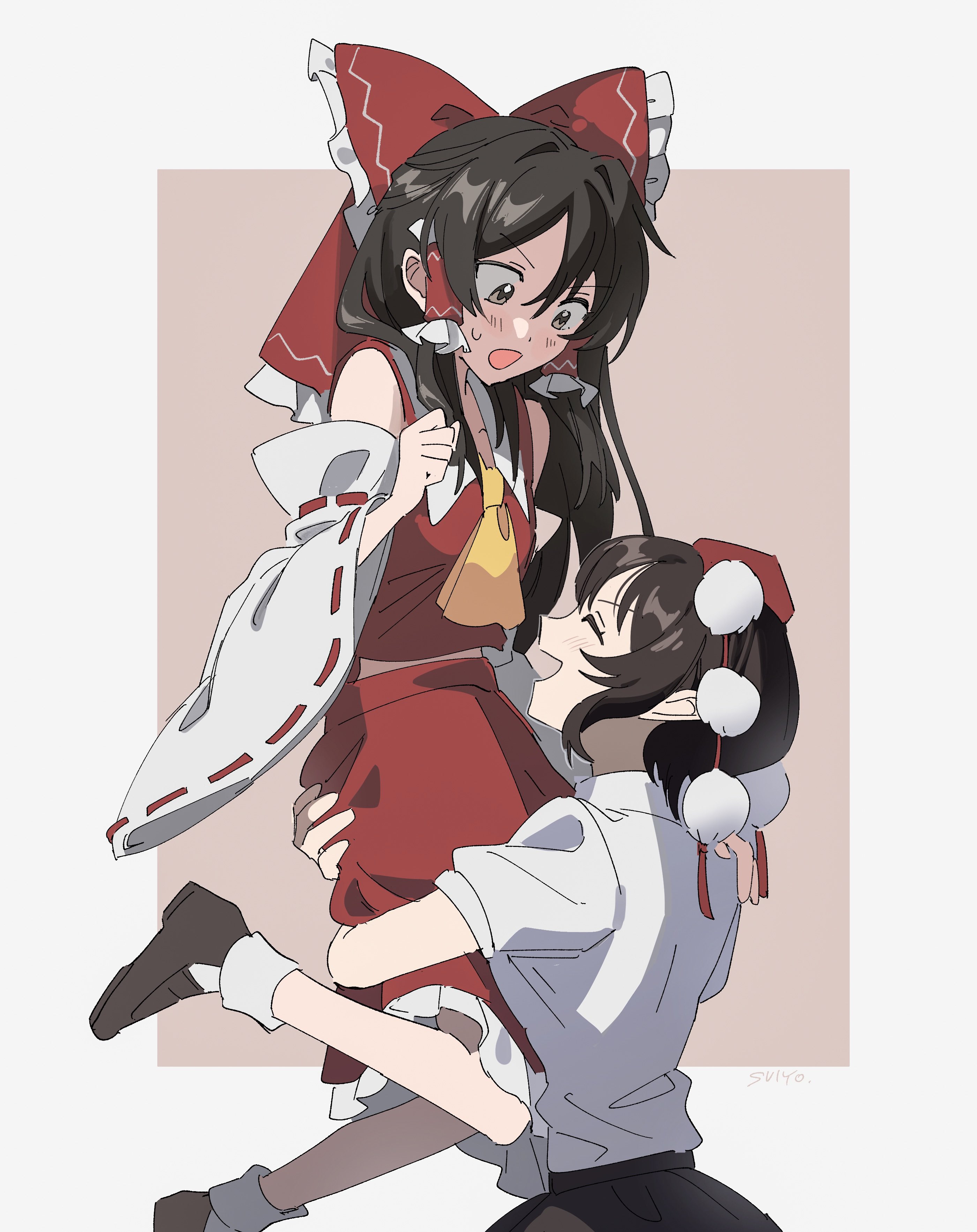 uehara suiyo, hakurei reimu, shameimaru aya, touhou, absurdres, commentary, highres, 2girls, artist name, ascot, black skirt, blush, bow, brown eyes, brown hair, carrying, carrying person, closed eyes, collared shirt, detached sleeves, frilled bow, frilled hair tubes, frilled skirt, frills, hair bow, hair tubes, hat, long hair, multiple girls, open mouth, pom pom (clothes), puffy short sleeves, puffy sleeves, red bow, red hat, red skirt, ribbon-trimmed sleeves, ribbon trim, shirt, short sleeves, skirt, skirt set, smile, sweatdrop, tokin hat, white shirt, yellow ascot, yuri