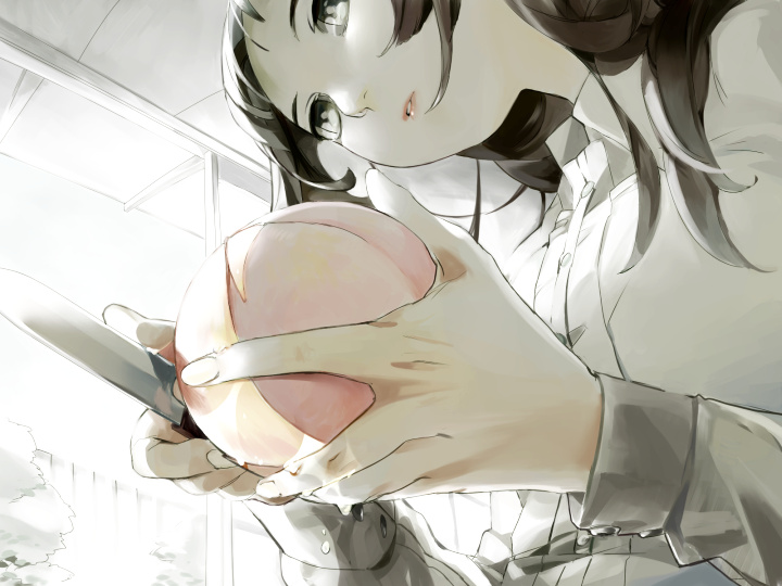 kosei (wea), original, 1girl, black hair, female focus, food, from below, fruit, grey eyes, hand focus, holding, holding food, holding fruit, knife, lips, peach, perspective, pov, solo, wet