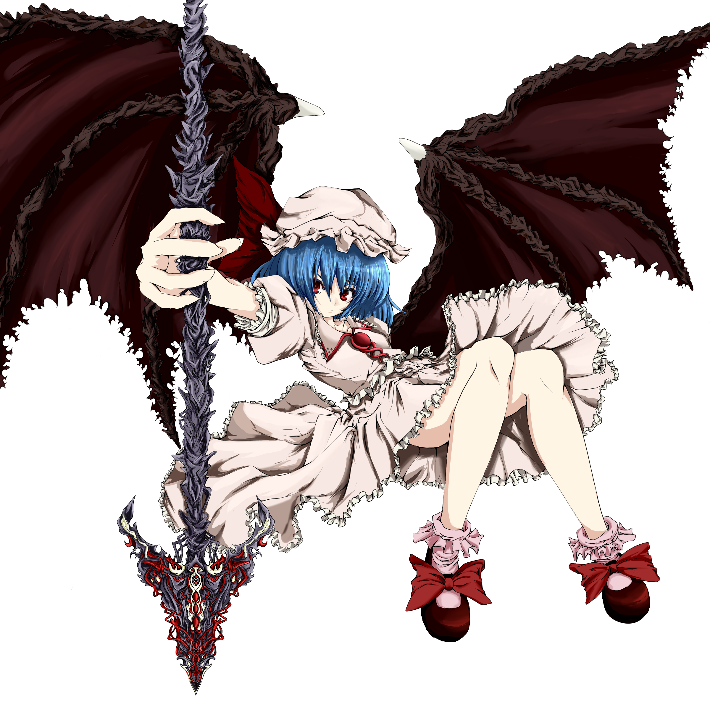namonaiteidono, remilia scarlet, touhou, absurdres, bad id, bad pixiv id, highres, 1girl, blue hair, dress, female focus, full body, hat, polearm, shoes, simple background, solo, spear, spear the gungnir, weapon, white background, wings