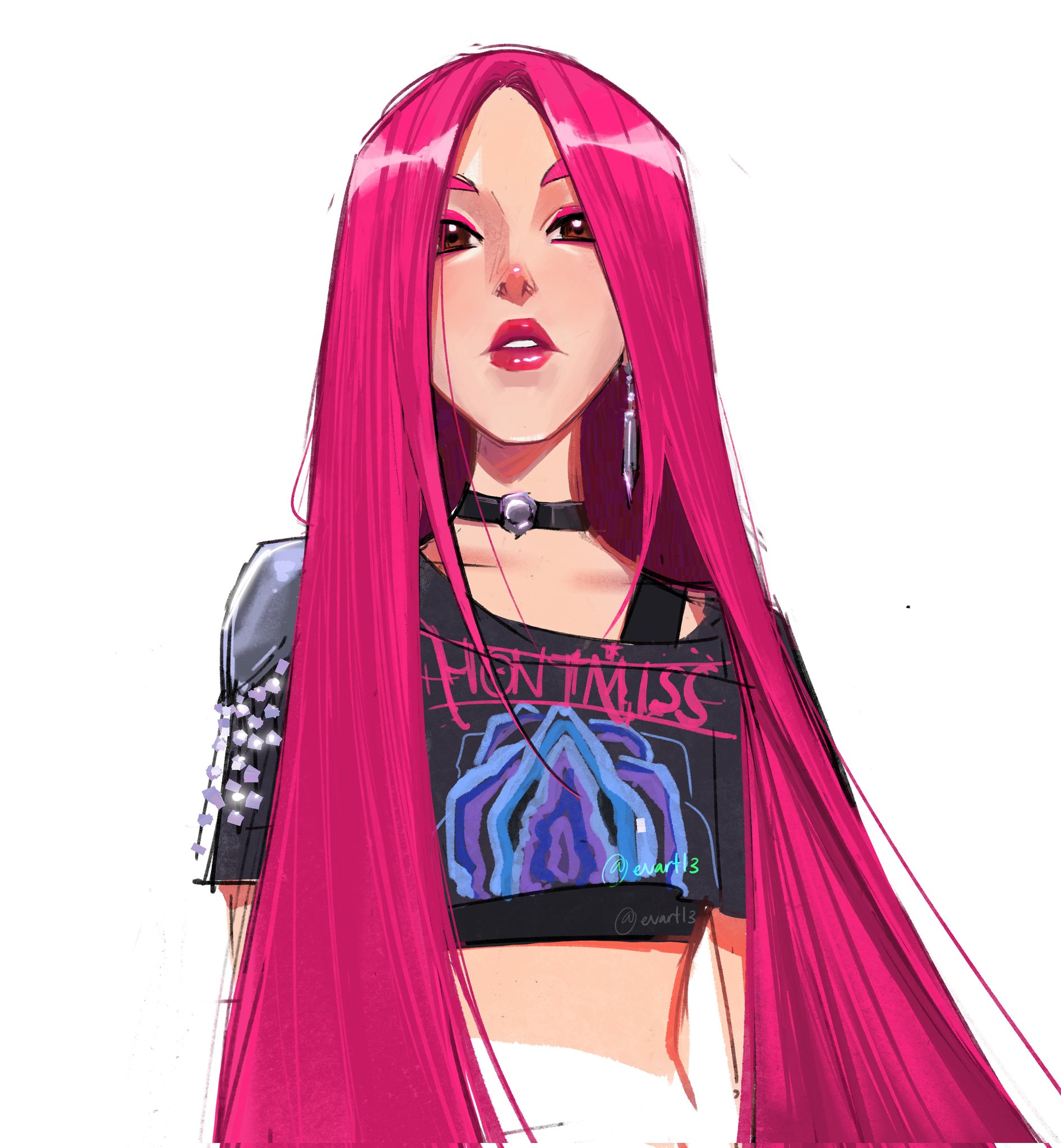 mira (kpop demon hunters), kpop demon hunters, commentary, english commentary, highres, 1girl, brown eyes, choker, colored eyebrows, crop top, earrings, evavioletta134, jewelry, long hair, looking at viewer, parted lips, pink lips, simple background, solo, straight hair, very long hair, white background