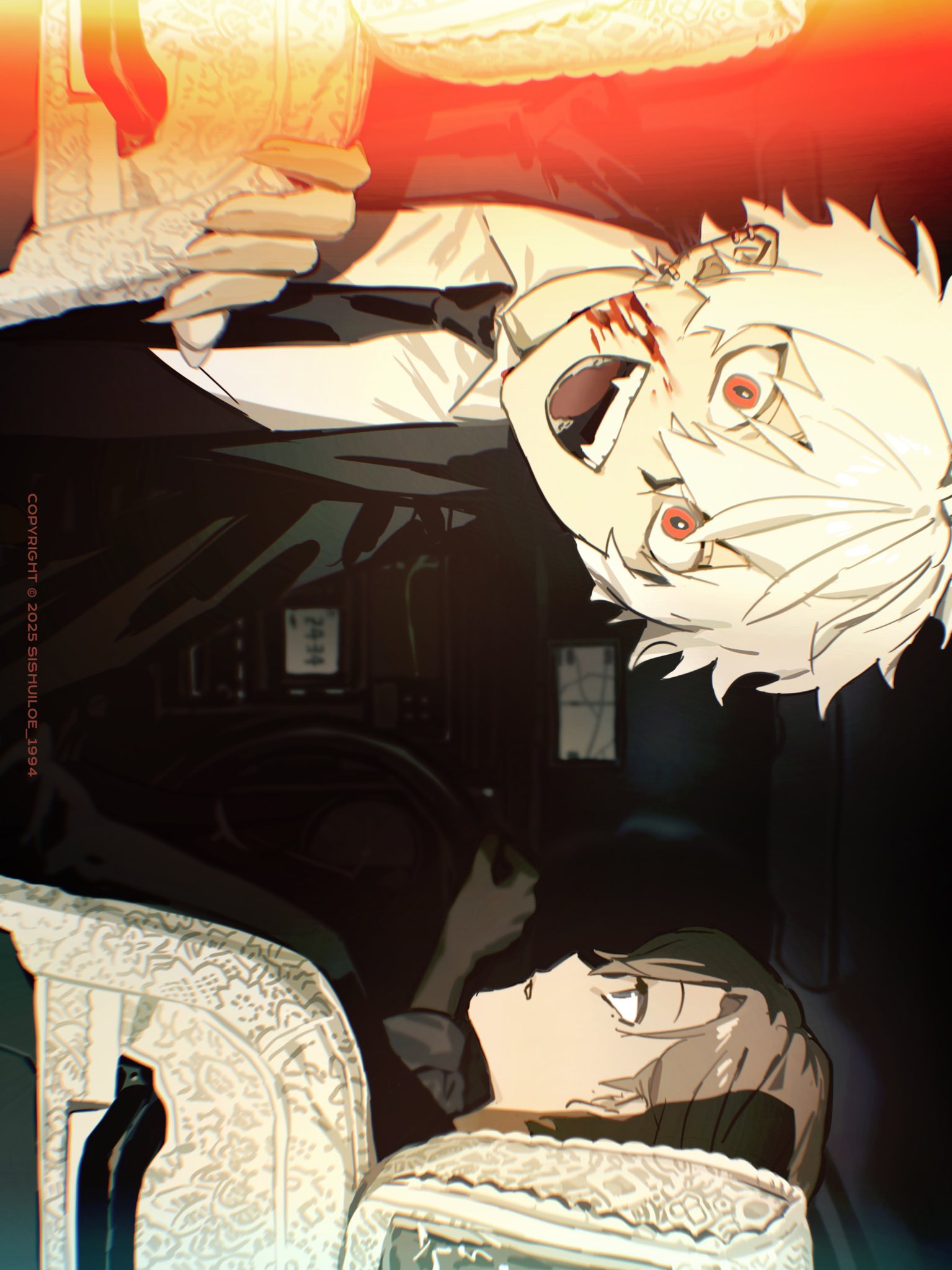 sishuiloe 1994, kanae (14th costume) (nijisanji), kanae (nijisanji), kuzuha (nijisanji), nijisanji, hashtag-only commentary, highres, 2boys, :o, alternate costume, black jacket, black necktie, black shirt, blazer, blood, blood on face, blue eyes, brown hair, camera flash, car interior, collared shirt, copyright notice, cowlick, driving, earrings, fangs, fingernails, formal clothes, from behind, gps, hair between eyes, head tilt, hoop earrings, jacket, jewelry, lace, lens flare, long sleeves, looking ahead, looking at viewer, looking back, male focus, mole, mole under eye, multiple boys, multiple earrings, necktie, non-circular lens flare, official alternate costume, open mouth, parted lips, pointy ears, red eyes, sanpaku, sharp fingernails, shirt, sideways, slit pupils, smile, suit, twitter username, upper body, very long fingernails, virtual youtuber, white hair, white shirt, wide-eyed, wing collar