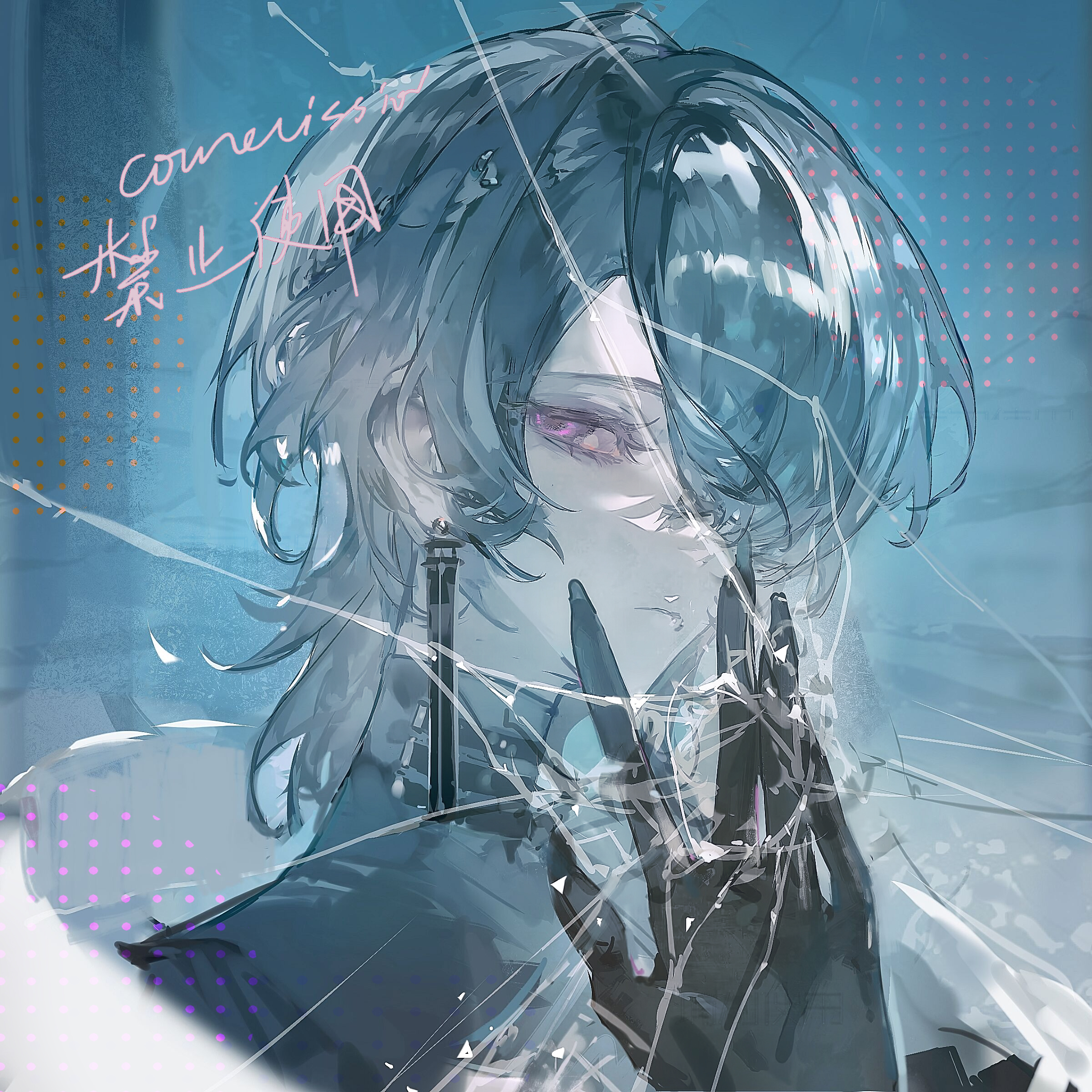 original, absurdres, character request, commission, copyright request, highres, 1boy, black gloves, black shirt, chinese text, closed mouth, crack, cracked glass, earrings, english text, eyelashes, gloves, grey hair, hair over one eye, hand up, jewelry, male focus, medium hair, pink eyes, portrait, shirt, solo, turtleneck, upper body, watermark, zhichitianshi