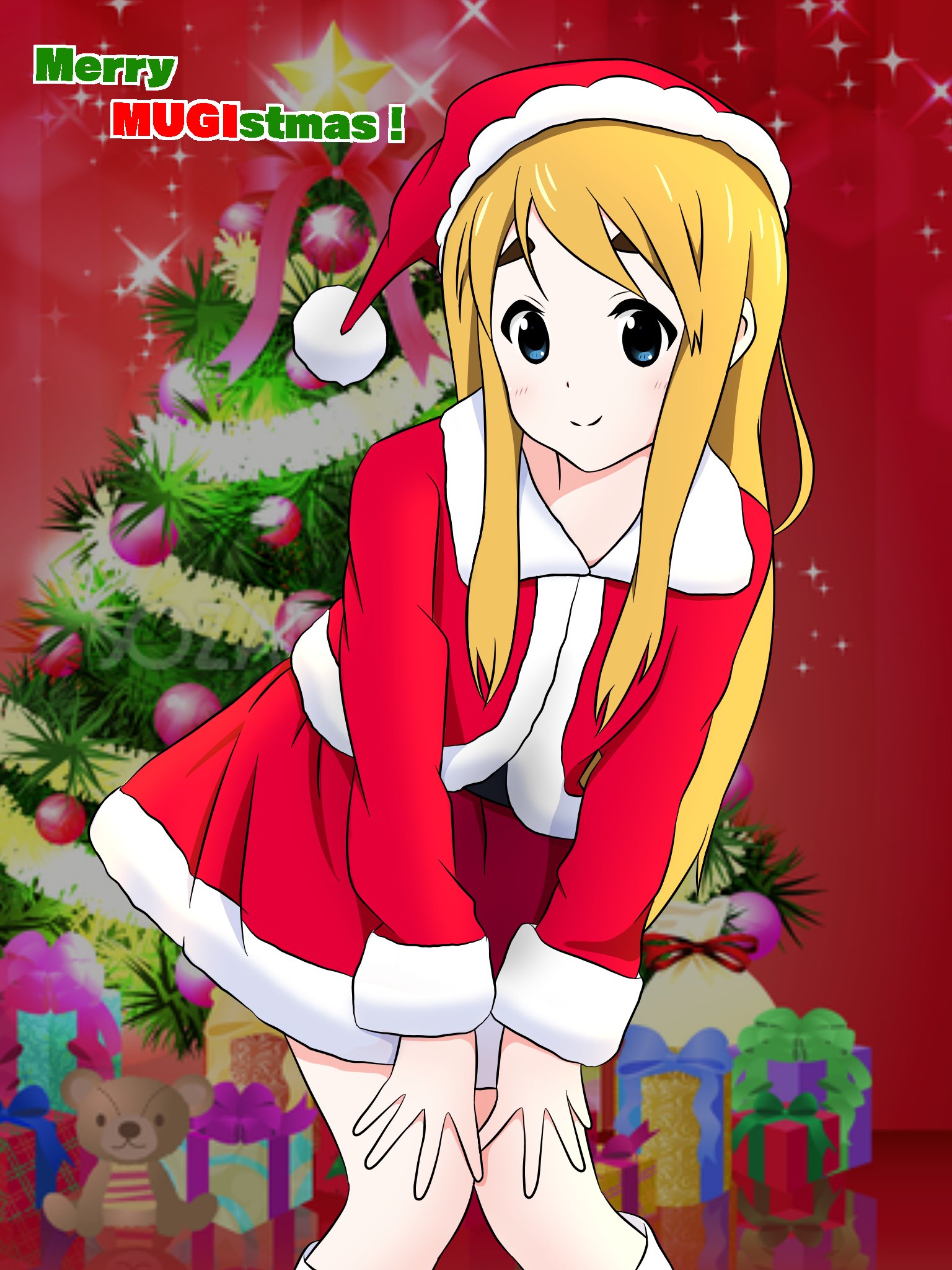 nekonopapa, kotobuki tsumugi, k-on!, 1girl, blonde hair, blue eyes, box, bushy eyebrows, character name, christmas, christmas ornaments, christmas tree, closed mouth, dot nose, dress, feet out of frame, female focus, gift, gift box, hat, legs, long hair, long sleeves, looking at viewer, pom pom (clothes), red background, santa costume, santa dress, santa hat, smile, solo, sparkle, standing, star (symbol), stuffed animal, stuffed toy, teddy bear, thick eyebrows