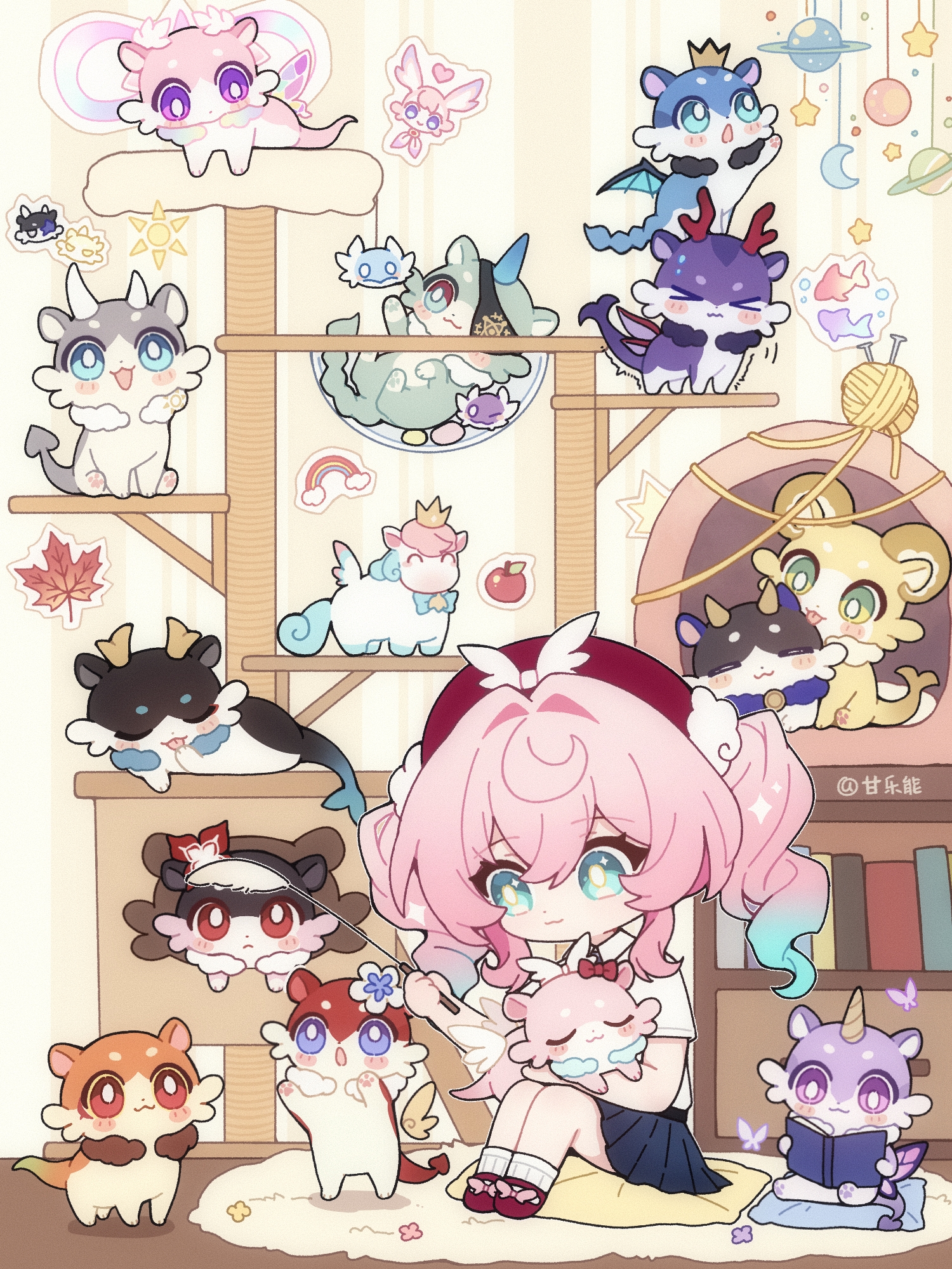 ganleneng, aglaea (honkai: star rail), aglaea (oatmeal) (honkai: star rail), anaxa (honkai: star rail), anaxa (nanus) (honkai: star rail), castorice (butterfly cake) (honkai: star rail), castorice (honkai: star rail), cerydra (honkai: star rail), chimera (honkai: star rail), cipher (honkai: star rail), cipher (master cat-thief) (honkai: star rail), cyrene (honkai: star rail), dan heng (honkai: star rail), dan heng (permansor terrae) (honkai: star rail), evernight (honkai: star rail), hyacine (honkai: star rail), hyacine (krenabis) (honkai: star rail), hysilens (honkai: star rail), little ica (honkai: star rail), march 7th (honkai: star rail), mydei (fig stew) (honkai: star rail), mydei (honkai: star rail), phainon (honkai: star rail), phainon (vigethos) (honkai: star rail), tribbie (honey brew) (honkai: star rail), tribbie (honkai: star rail), honkai: star rail, honkai (series), commentary request, highres, 1girl, alternate costume, animalization, ankle socks, aqua eyes, aqua hair, black skirt, book, bookshelf, cat teaser, chrysos heirs (honkai: star rail), collared shirt, creature, drill hair, gradient hair, hair ornament, hair scrunchie, hat, holding, holding cat teaser, holding creature, indoors, knees up, long hair, multicolored hair, person and animalization, pink hair, pleated skirt, red hat, red shoes, scrunchie, shirt, shoes, short sleeves, sitting, skirt, socks, twin drills, white shirt, white socks, yarn, yarn ball