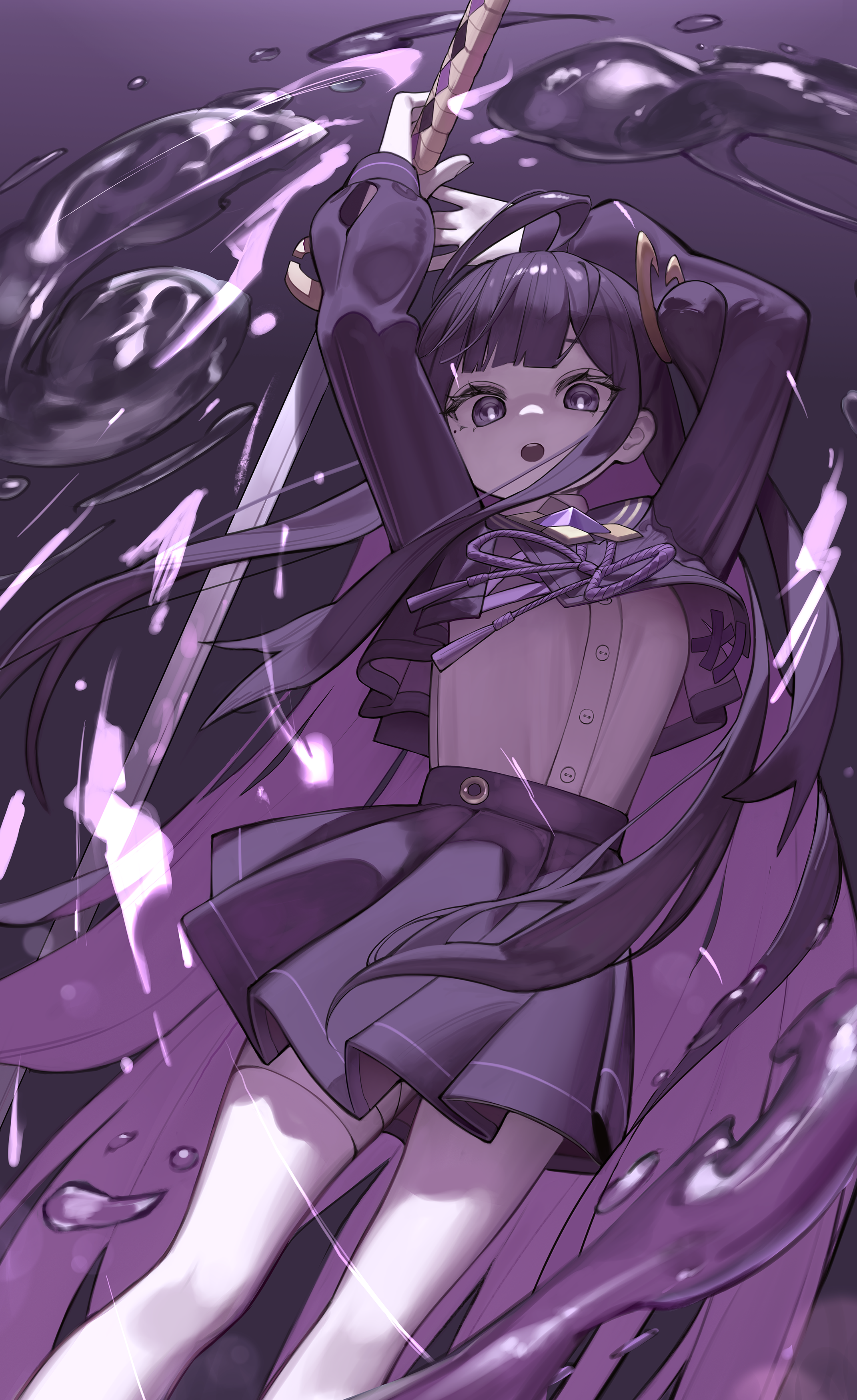 komodo, chitose (stella sora), stella sora, absurdres, commentary, highres, 1girl, ahoge, arms up, bandaged leg, bandages, black hair, black sailor collar, black serafuku, black shirt, black skirt, breasts, clothes lift, colored inner hair, dress shirt, feet out of frame, holding, holding sword, holding weapon, hydrokinesis, incoming attack, katana, layered shirt, long hair, long sleeves, looking at viewer, medium breasts, miniskirt, multicolored hair, one side up, open mouth, purple eyes, purple hair, sailor collar, school uniform, serafuku, shirt, shirt lift, skirt, solo, sword, very long hair, water, weapon, white shirt