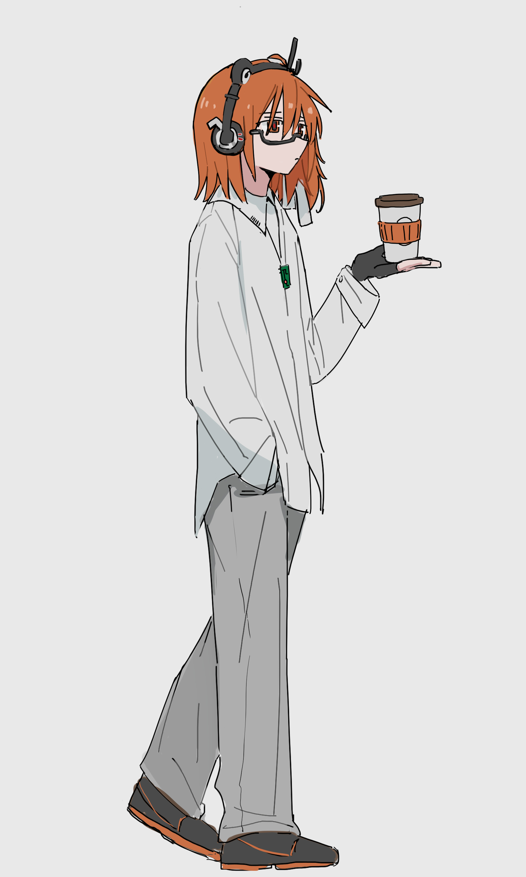 mizhou (mzhu112646), adachi rei, a.i. voice, utau, absurdres, highres, 1girl, alternate costume, black gloves, black shoes, closed mouth, cup, disposable cup, fingerless gloves, flat chest, full body, glasses, gloves, grey background, grey pants, hair ribbon, hand in pocket, hand up, headphones, holding, holding cup, jewelry, long sleeves, orange eyes, orange hair, pants, pendant, ribbon, shirt, shoes, short hair, simple background, solo, walking, white shirt