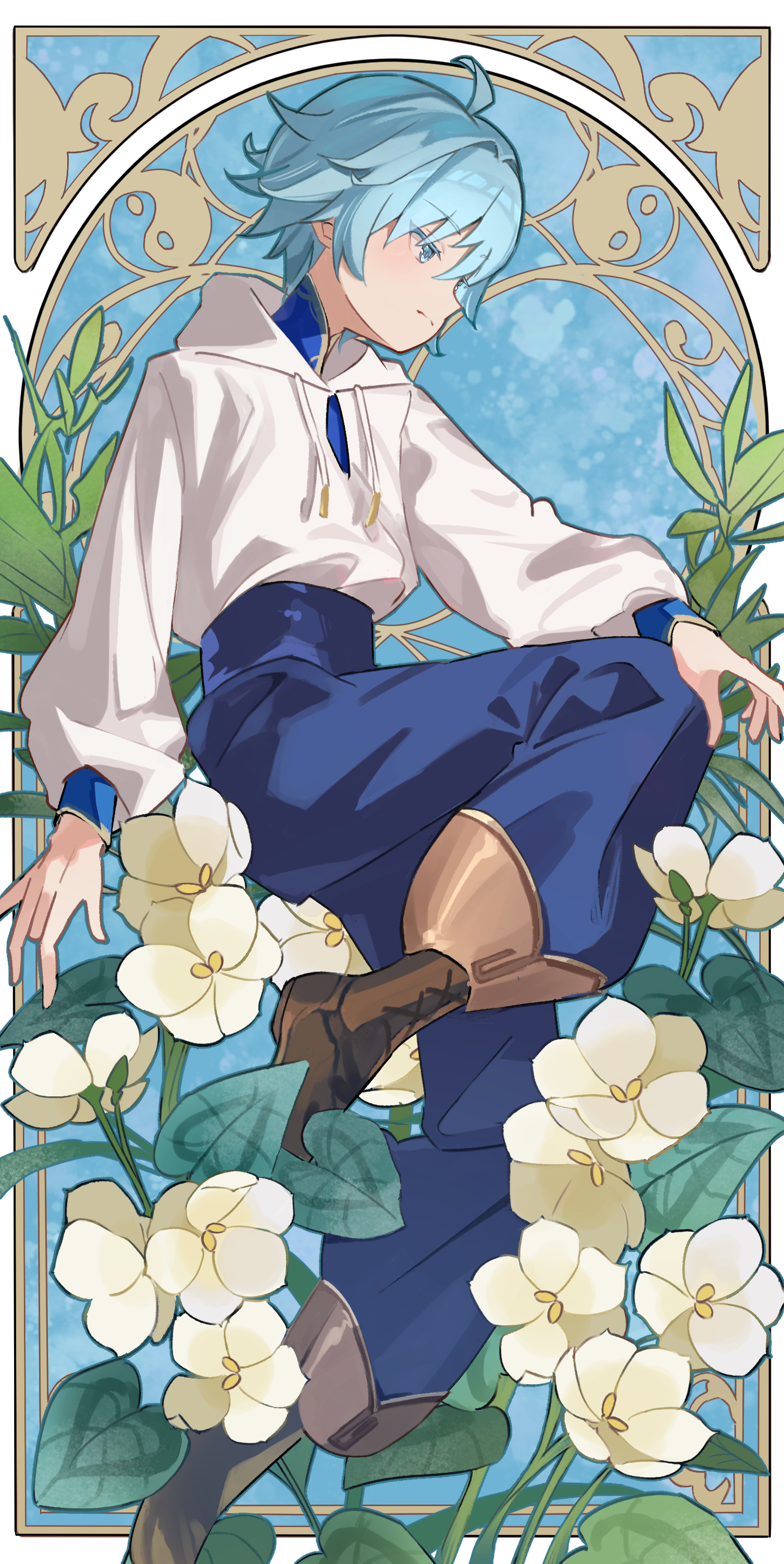yui 4293, chongyun (genshin impact), genshin impact, absurdres, commentary, flower request, highres, 1boy, ahoge, aqua eyes, aqua hair, arm at side, art nouveau, bishounen, blue background, blue pants, blue shirt, boots, border, brown boots, drawstring, flower, foot up heel up, from side, frown, gold trim, hair between eyes, hand on own knee, high-waist pants, hood, hood down, hoodie, irregular border, lace-up boots, light blush, long sleeves, looking ahead, male focus, mandarin collar, midair, ornate border, pants, plant, shirt, short hair, sidelocks, sideways mouth, solo, white border, white flower, white hoodie