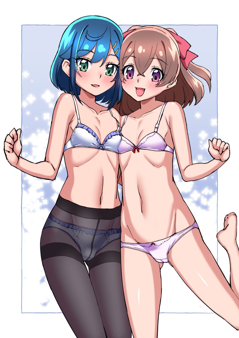 asortofcolorfag, miyagoe yoshitsuki, fuwa kokone, nagomi yui, delicious party precure, precure, colorized, 2girls, asymmetrical docking, blue hair, blush, bra, breast press, breasts, brown hair, eyebrows hidden by hair, gluteal fold, green eyes, hair between eyes, hair ornament, hair ribbon, hairclip, looking at viewer, medium hair, multiple girls, open mouth, panties, panties under pantyhose, pantyhose, pink ribbon, purple bra, purple eyes, purple panties, ribbon, small breasts, smile, standing, standing on one leg, underwear, underwear only, white bra, white panties