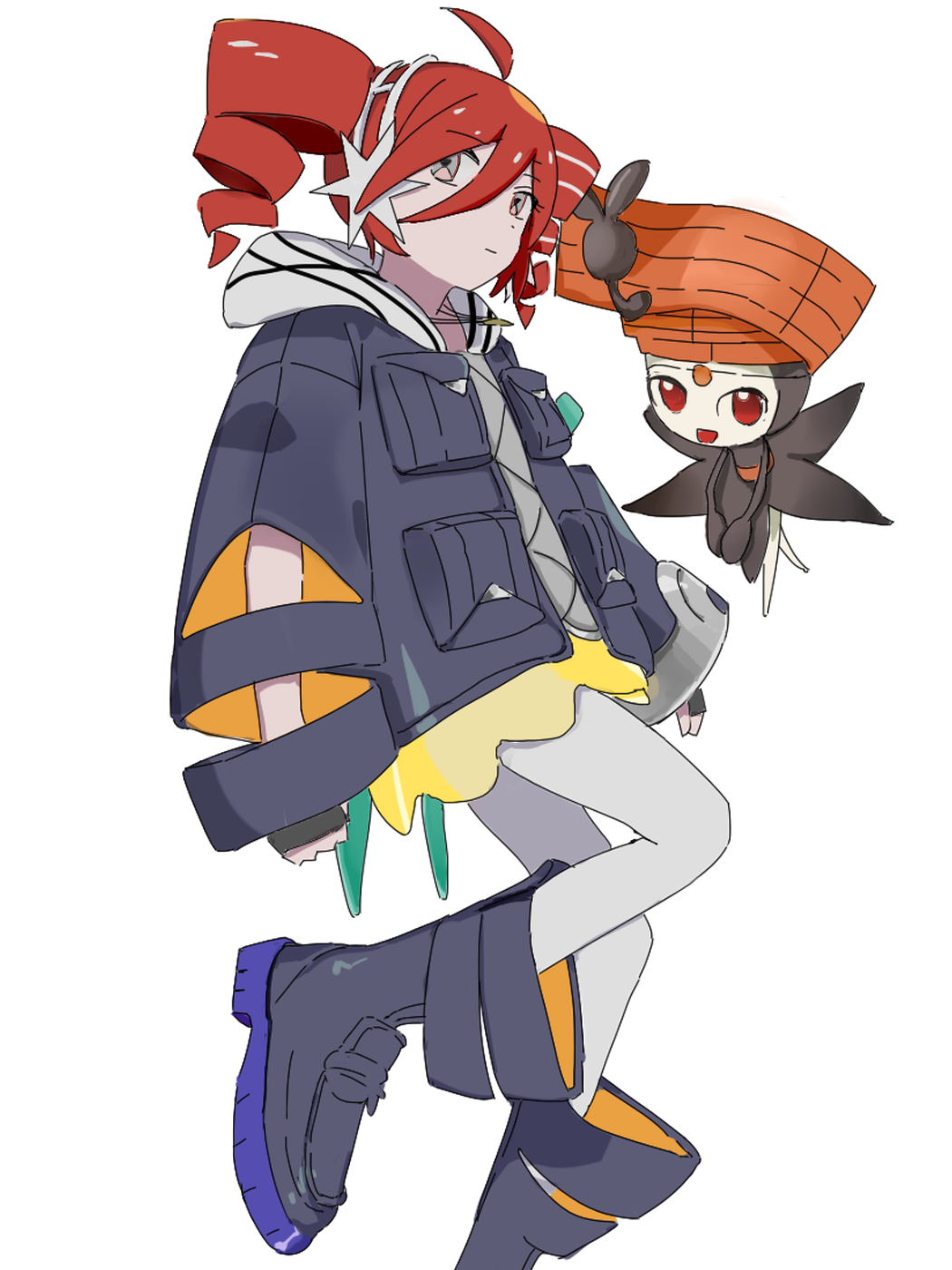 mizhou (mzhu112646), kasane teto, meloetta, meloetta (pirouette), rival teto (project voltage), nintendo, pokemon, project voltage, utau, vocaloid, highres, 1girl, ahoge, black boots, black jacket, boots, closed mouth, clothing cutout, drill hair, earmuffs, fingerless gloves, gen 5 pokemon, gloves, hair between eyes, jacket, legendary pokemon, long sleeves, looking at viewer, miniskirt, mythical pokemon, pokemon (creature), red eyes, short hair, simple background, skirt, twin drills, white background, yellow eyes, yellow skirt