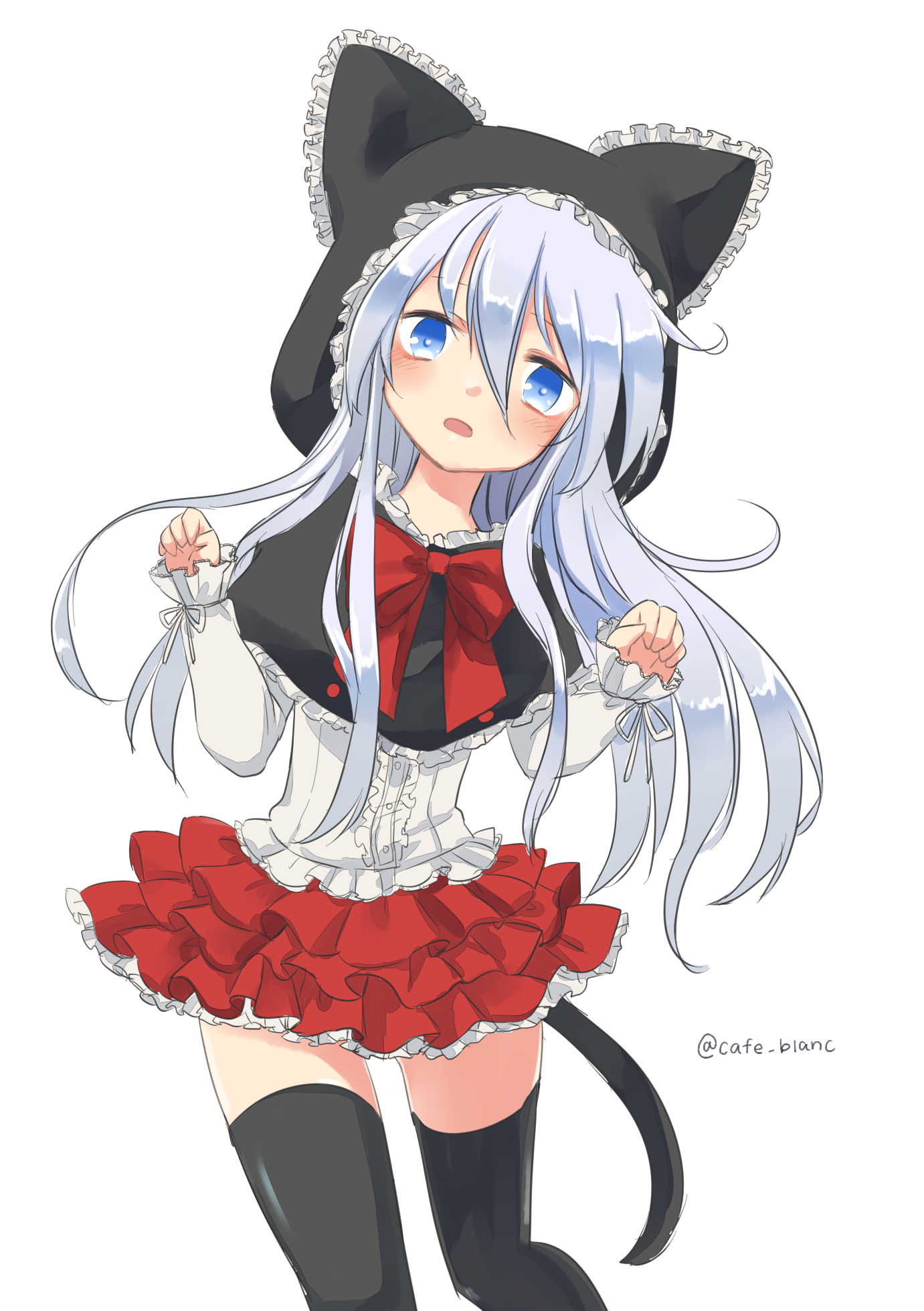 motohara moka, hibiki (kancolle), kantai collection, commentary request, highres, 1girl, alternate costume, animal ear hood, black thighhighs, blue eyes, blue hair, blush, bow, bowtie, cat tail, cowboy shot, double-parted bangs, fake animal ears, frilled skirt, frills, hair between eyes, hood, long hair, long sidelocks, looking at viewer, open mouth, paw pose, red bow, red bowtie, red skirt, shirt, sidelocks, simple background, skirt, sleeves past wrists, solo, tail, thighhighs, very long hair, white background, white shirt