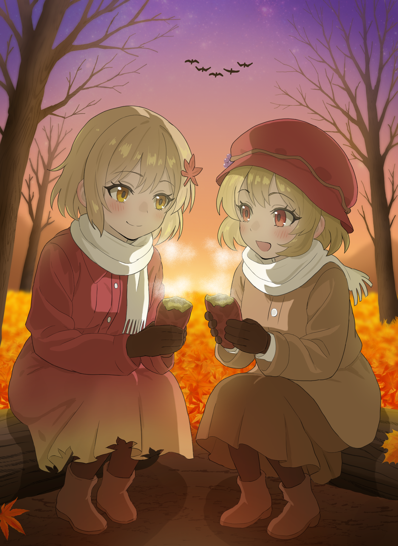 aki minoriko, aki shizuha, touhou, commentary request, highres, 2girls, alternate costume, bare tree, blonde hair, blush, boots, brown boots, brown jacket, closed mouth, collared shirt, eye contact, food, grape hat ornament, hair ornament, hat, holding, holding food, jacket, leaf hair ornament, long sleeves, looking at another, mitsume310i, mob cap, multiple girls, open mouth, outdoors, red eyes, red shirt, red skirt, roasted sweet potato, scarf, shirt, siblings, sisters, sitting, skirt, smile, steam, sweet potato, tree, white scarf, yellow eyes