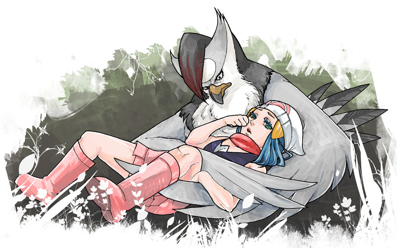rabbitlovesick, dawn (pokemon), staraptor, nintendo, pokemon, bad id, bad pixiv id, blue eyes, blue hair, boots, gen 4 pokemon, hair ornament, hairclip, hat, lying, makeup, pokemon (creature), scarf, skirt, wings