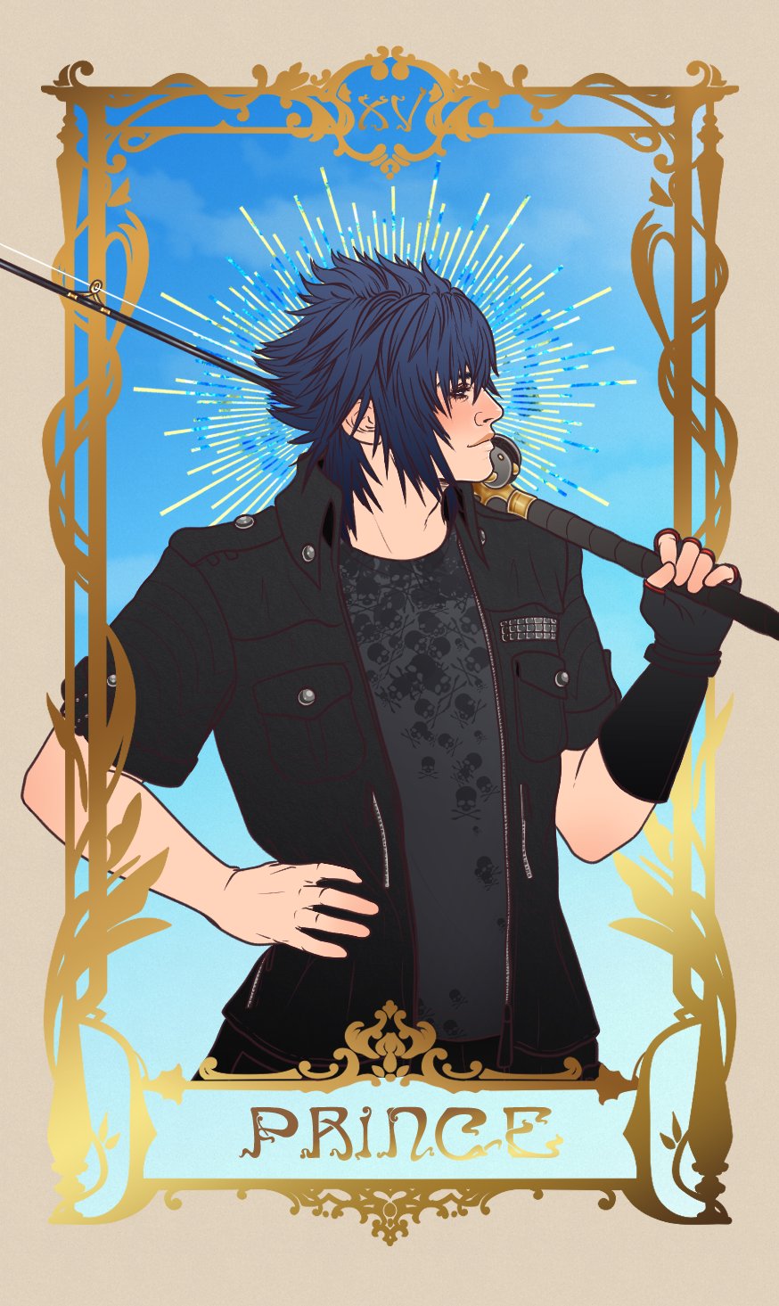 noctis lucis caelum, final fantasy, final fantasy xv, highres, 1boy, black gloves, black jacket, black shirt, blue background, blue hair, border, closed mouth, fingerless gloves, fishing rod, gloves, grey border, hair between eyes, hand on own hip, holding, holding fishing rod, jacket, male focus, noctglaiveart, shirt, short hair, short sleeves, single fingerless glove, solo, spiked hair, upper body