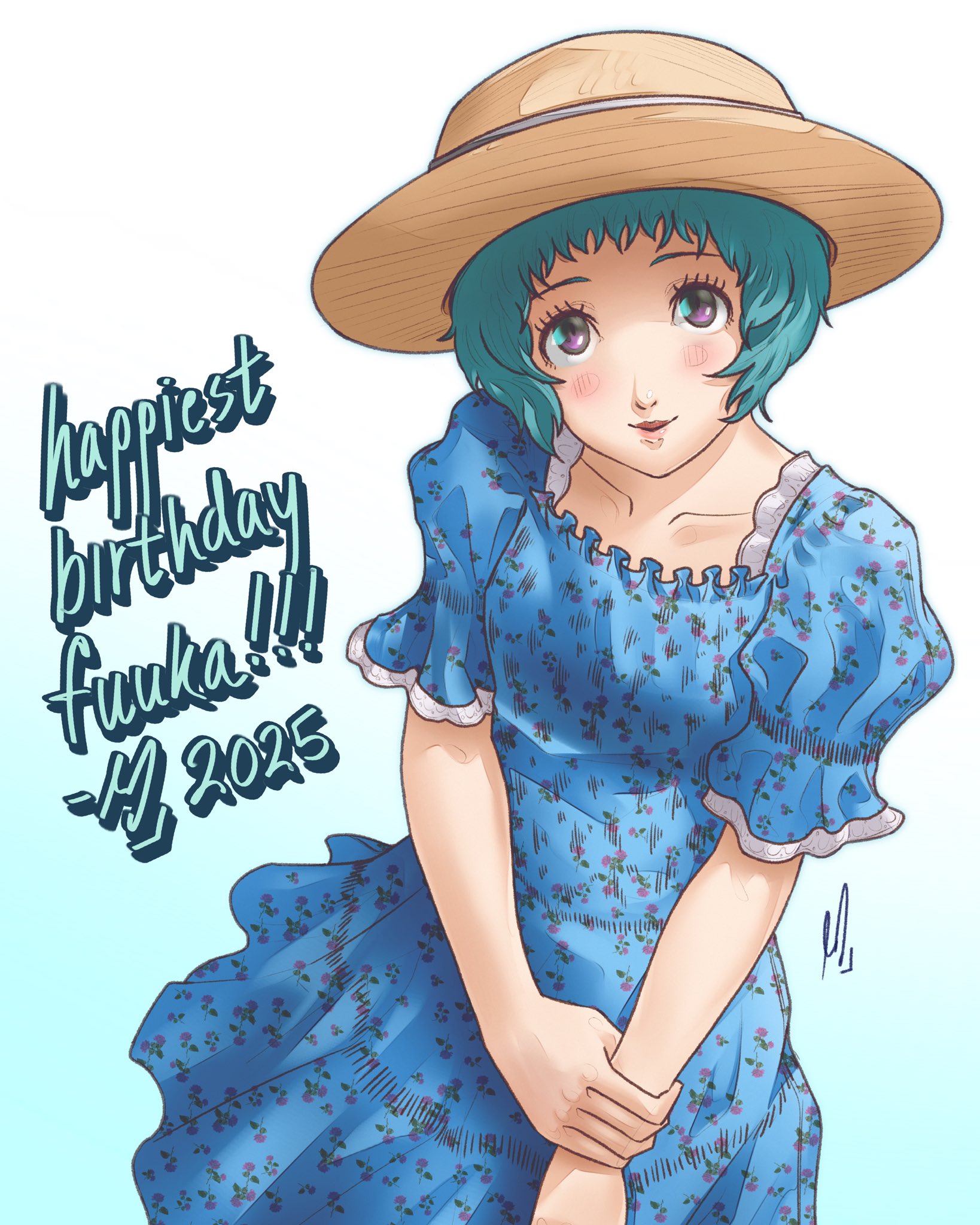 xeeoh, yamagishi fuuka, persona, persona 3, persona 3 reload, highres, 1girl, alternate costume, blue background, blue dress, brown eyes, colored eyelashes, dress, floral print, flower, gradient background, happy birthday, hat, looking at viewer, puffy sleeves, rose, rose print, short hair, short sleeves, signature, solo, two-tone background, very short hair, white background