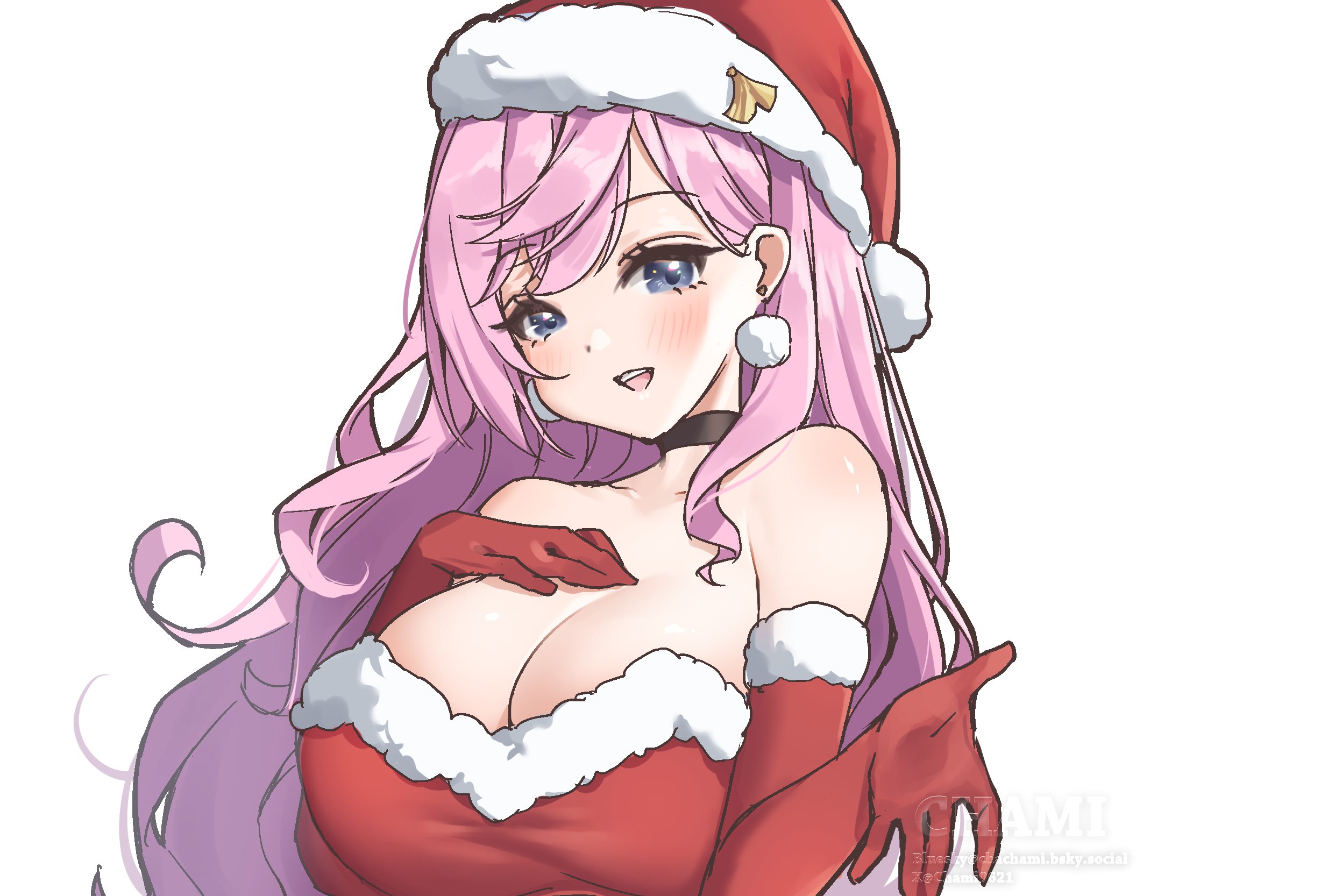 chami (charming621), kaede (stella sora), stella sora, commentary, highres, 1girl, :d, bare shoulders, black choker, breasts, choker, cleavage, collarbone, dress, earrings, elbow gloves, fur-trimmed dress, fur-trimmed gloves, fur-trimmed headwear, fur trim, gloves, hat, jewelry, kaede (snowish) (stella sora), large breasts, open mouth, pink hair, pom pom (clothes), pom pom earrings, red dress, red gloves, red hat, santa costume, santa dress, santa hat, simple background, smile, solo, teeth, upper teeth only, white background