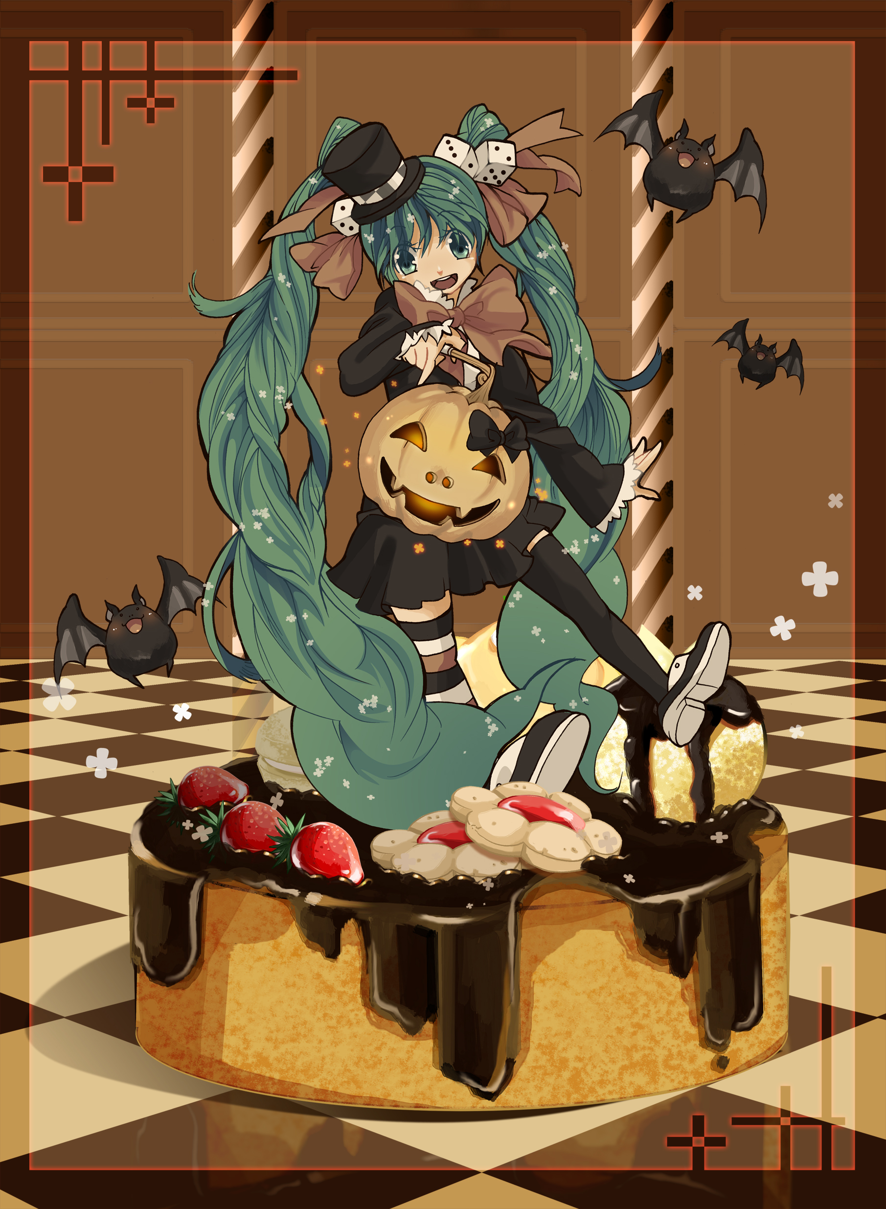 cos (kaito00747), hatsune miku, vocaloid, absurdres, bad id, bad pixiv id, highres, 1girl, animal, aqua eyes, aqua hair, asymmetrical legwear, bat (animal), black thighhighs, blush, bow, cake, chocolate, cookie, dice, dress, female focus, food, fruit, green hair, hair ornament, halloween, happy, hat, jack-o'-lantern, large bow, legs, long hair, mini hat, mini top hat, mismatched legwear, open mouth, pastry, pumpkin, solo, strawberry, striped clothes, striped thighhighs, thighhighs, top hat, twintails
