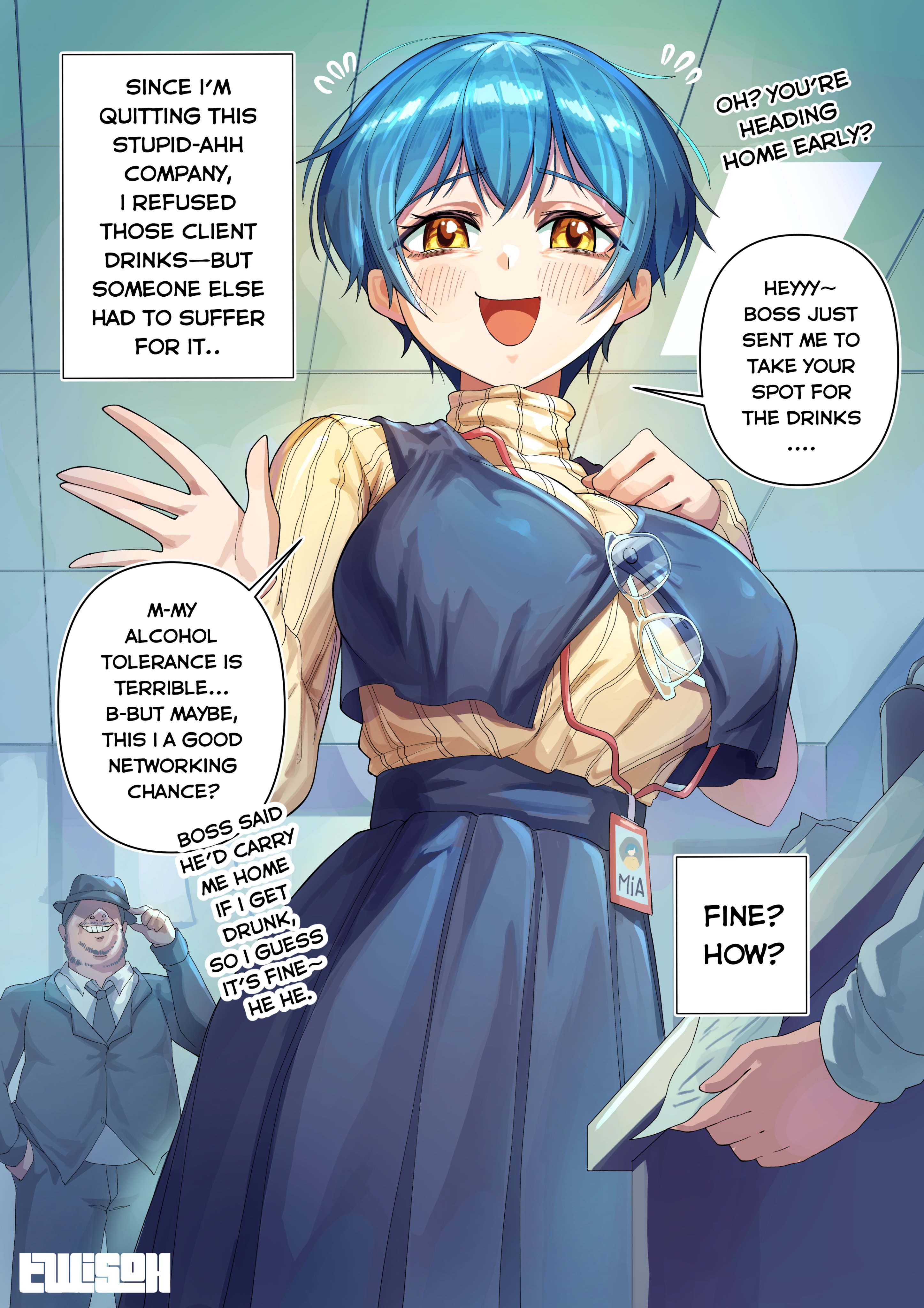 senukin, original, absurdres, highres, 1girl, 2boys, black skirt, black vest, blue hair, breasts, english text, gloves, id card, large breasts, multiple boys, office, short hair, skirt, solo focus, speech bubble, sweater, unworn gloves, vest, yellow eyes, yellow sweater