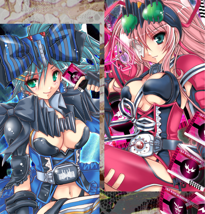 shisaki tayu, kamen rider decade, kamen rider diend, kamen rider, kamen rider dcd, striped legwear, 2girls, aqua eyes, belt, blue hair, blush, bow, breasts, card, cleavage, eyepatch, fingerless gloves, genderswap, genderswap (mtf), gloves, goggles, green hair, hair ornament, hairclip, holding, holding card, large breasts, long hair, multiple girls, navel, pink hair, ponytail, ribbon, smile, thighhighs