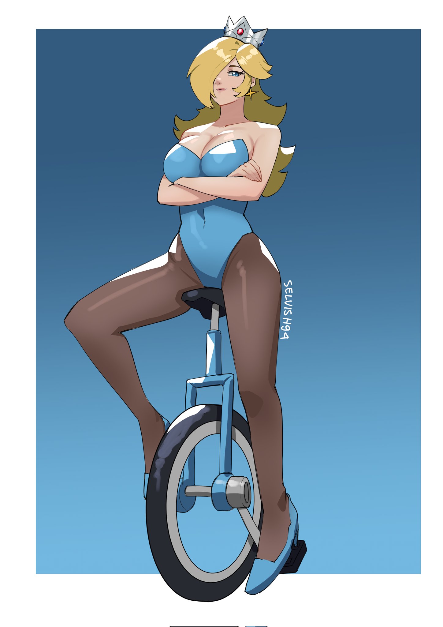 selvish94, rosalina, mario (series), nintendo, super mario galaxy, highres, 1girl, alternate breast size (larger), animal ears, bare shoulders, black pantyhose, blonde hair, blue dress, blue eyes, breasts, cleavage, crossed arms, crown, dress, earrings, grey crown, hair over one eye, jewelry, large breasts, long hair, pantyhose, silver crown, smile, solo, star (symbol), star earrings, thighs, unicycle