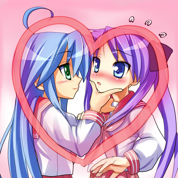 miru, hiiragi kagami, izumi konata, lucky star, bad id, bad pixiv id, 00s, 2girls, ahoge, blue eyes, blue hair, blush, green eyes, hair ribbon, heart, long hair, multiple girls, purple hair, ribbon, school uniform, serafuku, skirt, smile, tsurime, yuri