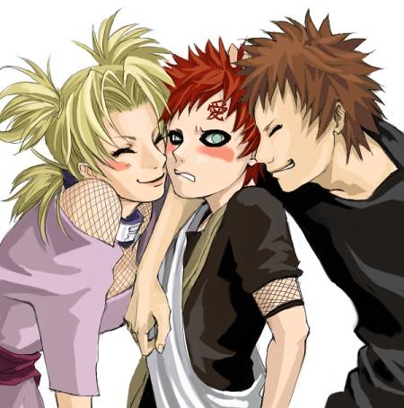 gaara (naruto), kankuro, temari (naruto), naruto (classic), naruto (series), artist request, lowres, 1girl, 2boys, blonde hair, blush, brother and sister, brothers, brown hair, embarrassed, fishnets, green eyes, headband, multiple boys, red hair, siblings, simple background, smile, white background