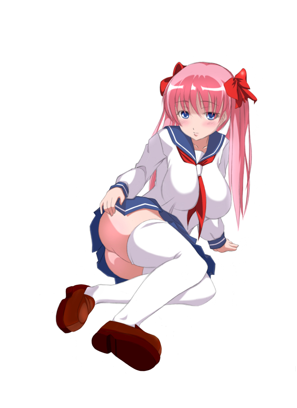 j-max japan, haramura nodoka, saki (manga), highres, 00s, 1girl, ass, breasts, female focus, full body, lying, on side, school uniform, serafuku, simple background, solo, thighhighs, white background