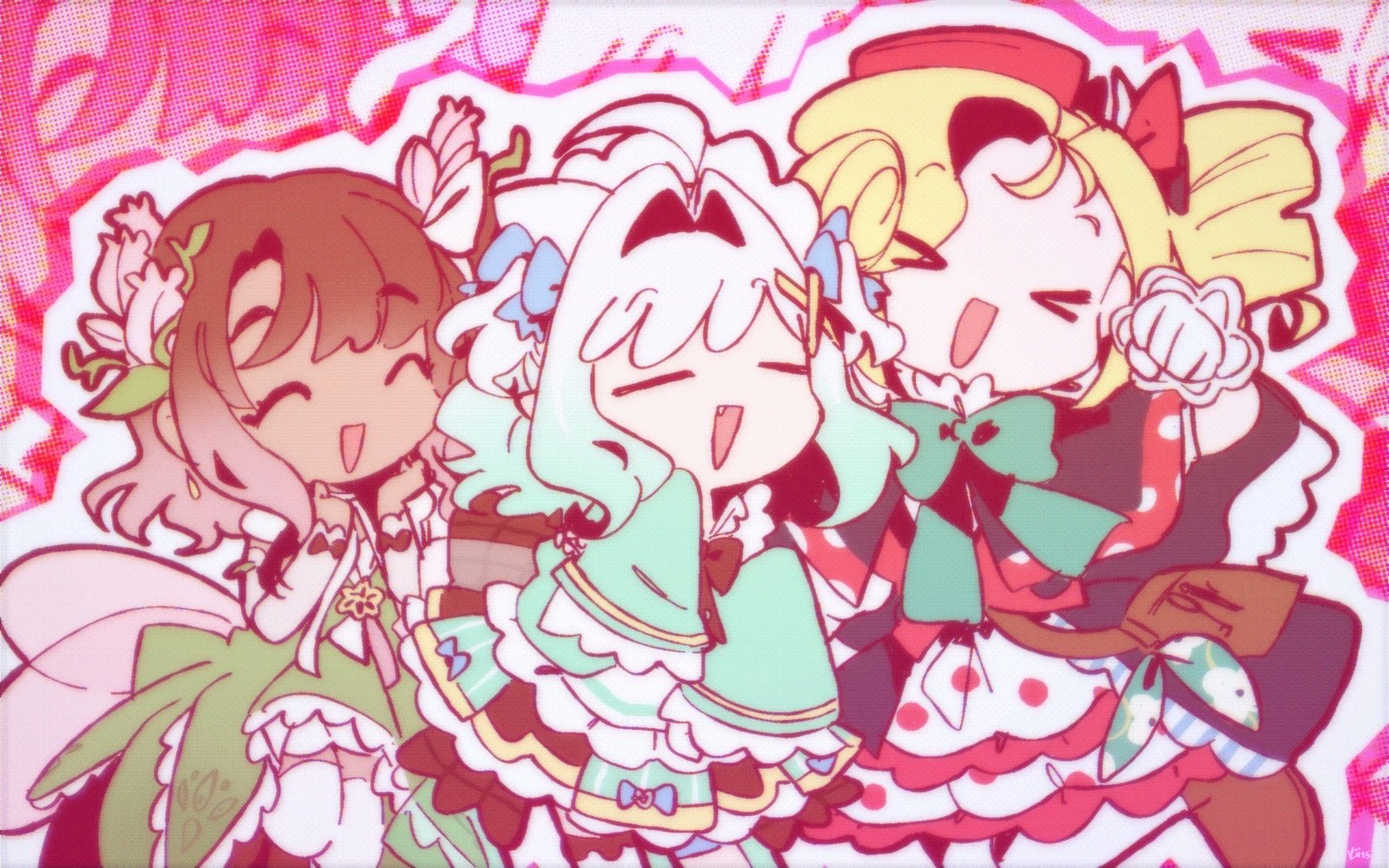 kitchupsandwich, mint fantome, mint fantome (minto 2.0), phoebe (vtuber), victoria roman, densetsu.exe, highres, 3girls, ahoge, aqua dress, aqua hair, blonde hair, brown hair, closed eyes, dark-skinned female, dark skin, dress, drill hair, flower, green dress, hair flower, hair ornament, medium hair, multiple girls, open mouth, sleeves past fingers, sleeves past wrists, smile, thighhighs, white dress, white hair, white thighhighs, x hair ornament