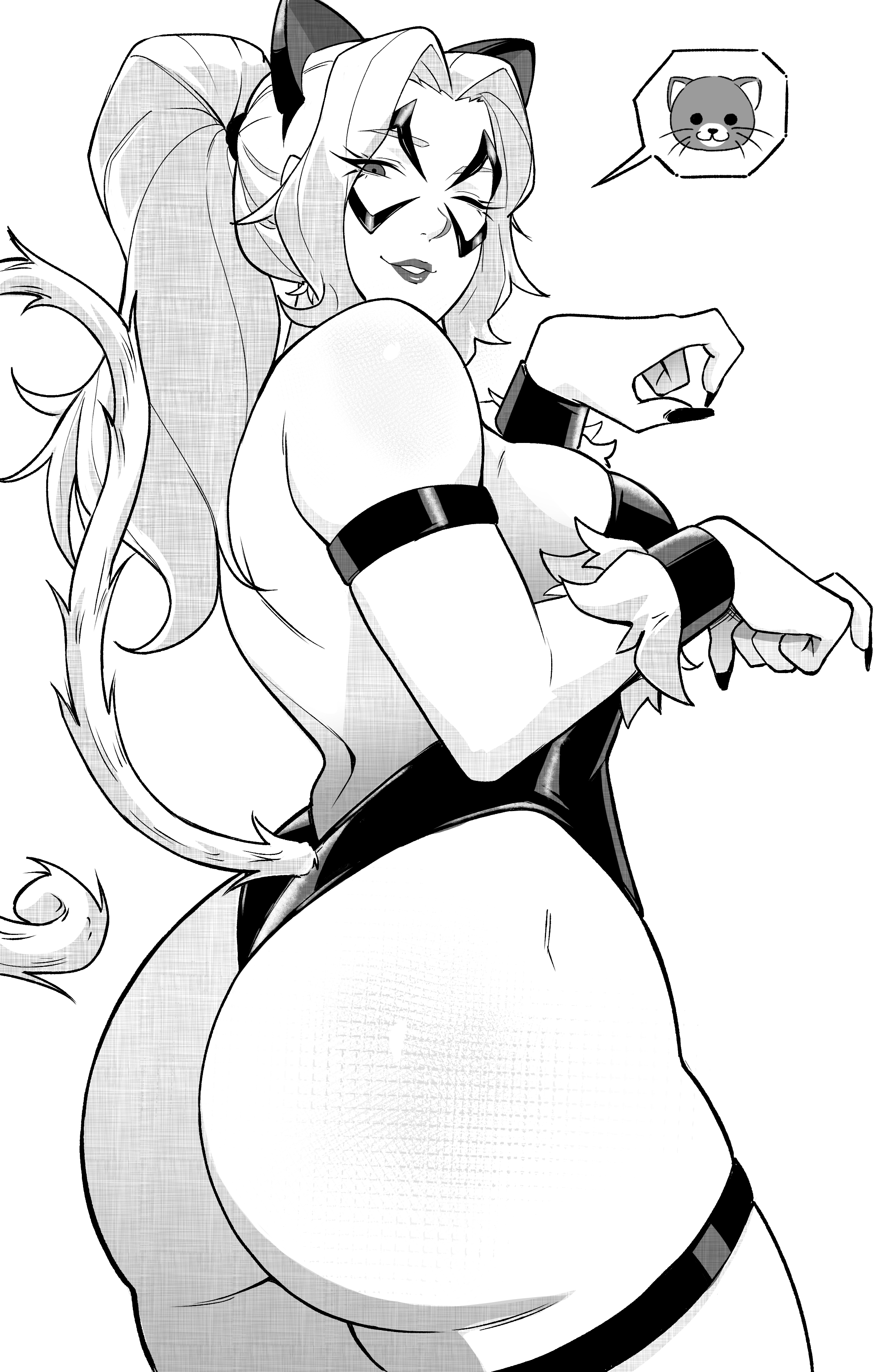 aneurysm ax, black cat (marvel), marvel, spider-man (series), absurdres, commentary, highres, symbol-only commentary, 1girl, animal ears, ass, backless leotard, breasts, cat ears, cat tail, cowboy shot, domino mask, eye mask, fake animal ears, fake tail, from side, greyscale, grin, highleg, highleg leotard, large breasts, leotard, looking at viewer, mask, monochrome, one eye closed, paw pose, ponytail, smile, solo, speech bubble, spoken animal, standing, strapless, strapless leotard, tail, thigh strap, thong leotard, turning head, very long fingernails, wristband