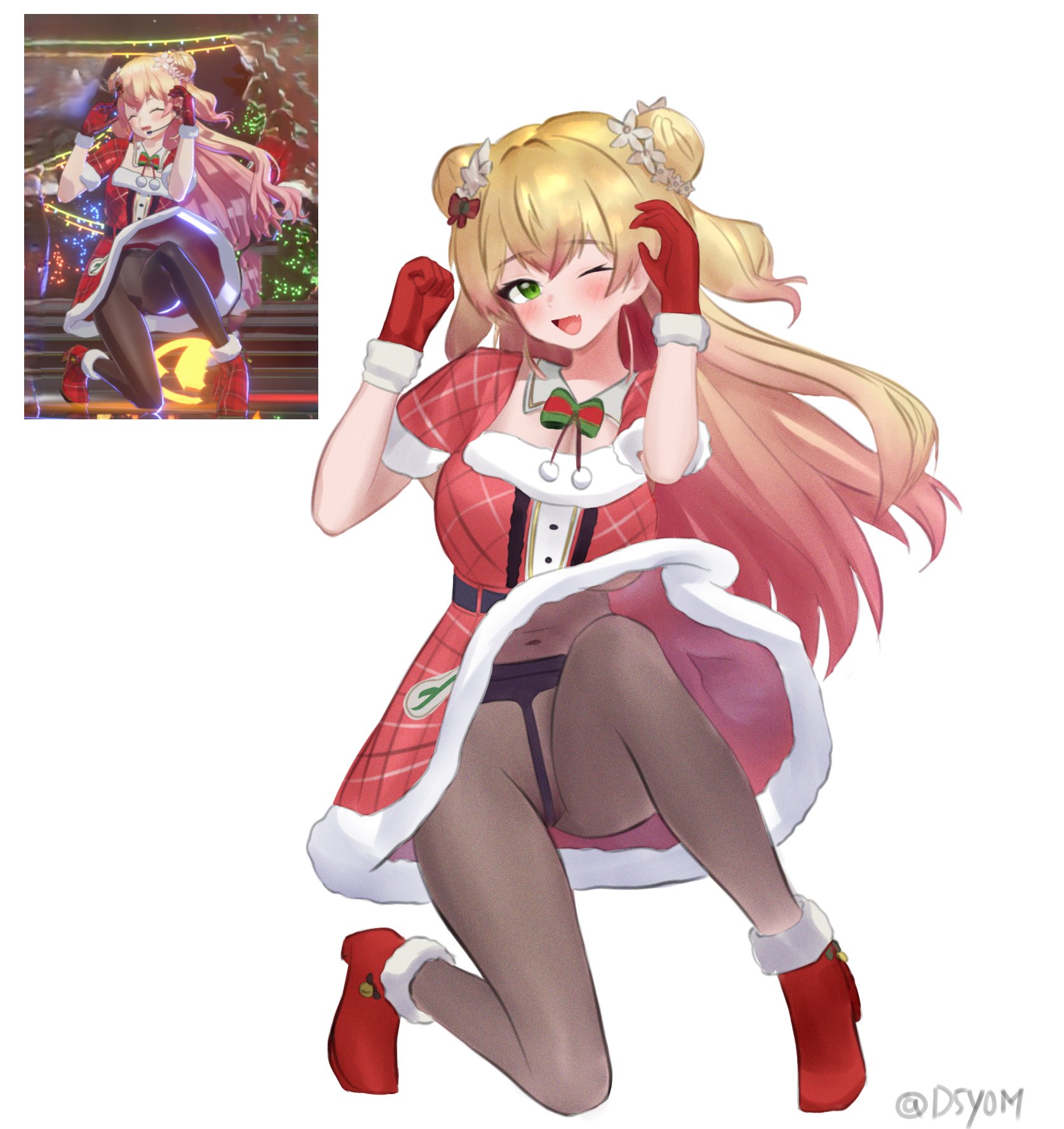 d5y0m, momosuzu nene, hololive, highres, photo-referenced, 1girl, alternate costume, black pantyhose, blonde hair, breasts, double bun, dress, fang, flower, fur-trimmed dress, fur-trimmed gloves, fur-trimmed shoes, fur trim, gloves, gradient hair, green eyes, hair bun, hair flower, hair ornament, large breasts, multicolored hair, one eye closed, pantyhose, pink hair, red dress, red gloves, red shoes, santa costume, santa dress, shoes, skin fang, smile, solo, two side up, virtual youtuber, white background