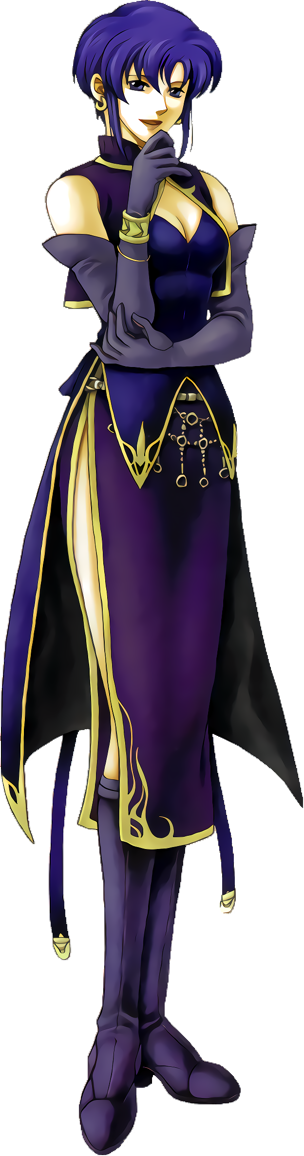 izuka daisuke, ursula (fire emblem), fire emblem, fire emblem: the blazing blade, nintendo, highres, official art, third-party source, 1girl, :d, blue eyes, blue hair, breasts, cleavage, dress, earrings, elbow gloves, full body, gloves, jewelry, looking at viewer, medium breasts, open mouth, short hair, simple background, smile, solo, standing, transparent background