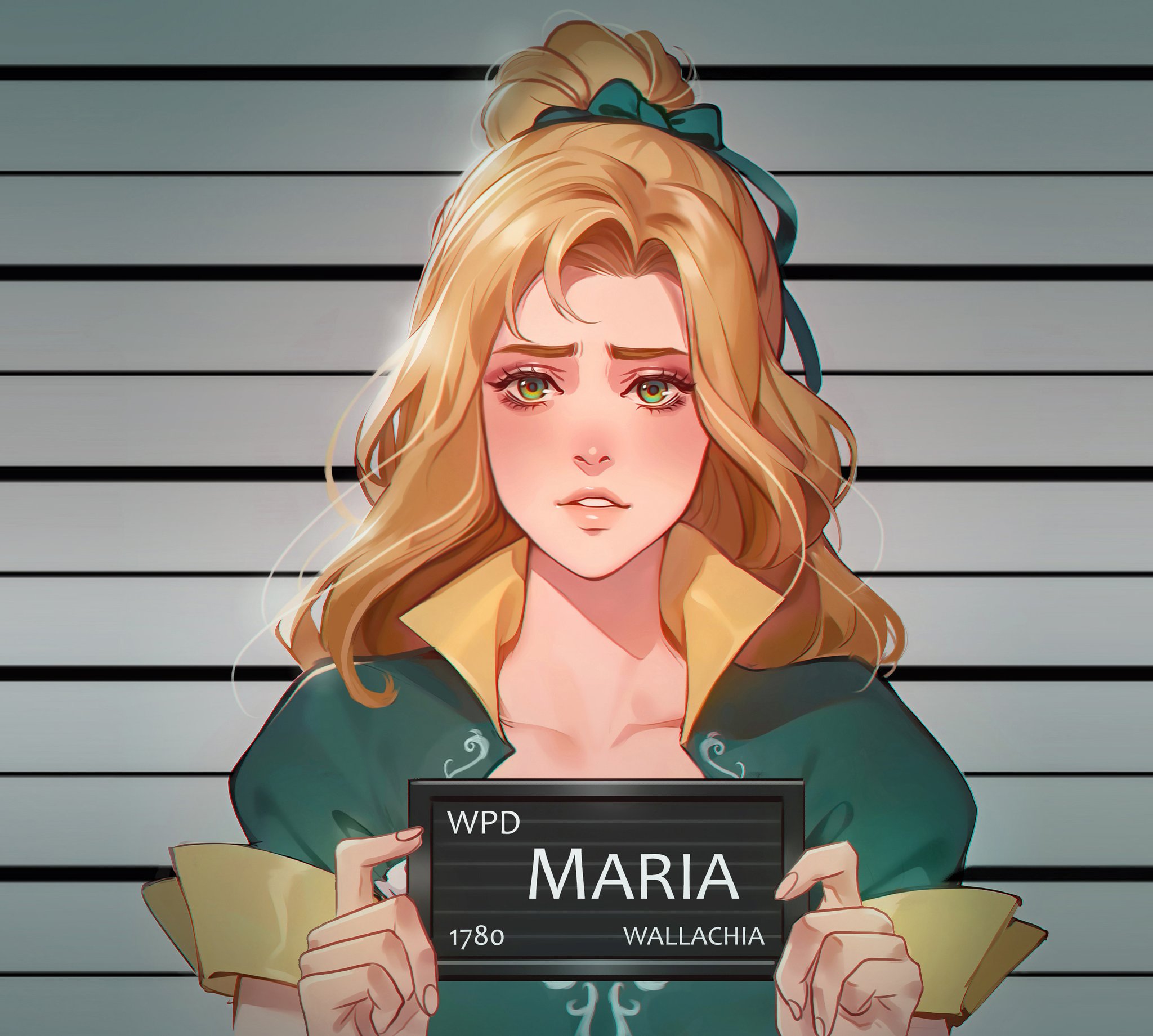 almond aulait, maria renard, castlevania: symphony of the night, castlevania (series), derivative work, highres, 1girl, barbie mugshot (meme), blush, character name, collarbone, dress, green dress, green eyes, green ribbon, hair bun, hair ribbon, half updo, long hair, looking at viewer, meme, mugshot, parted bangs, parted lips, puffy short sleeves, puffy sleeves, ribbon, short sleeves, solo, upper body, wavy hair