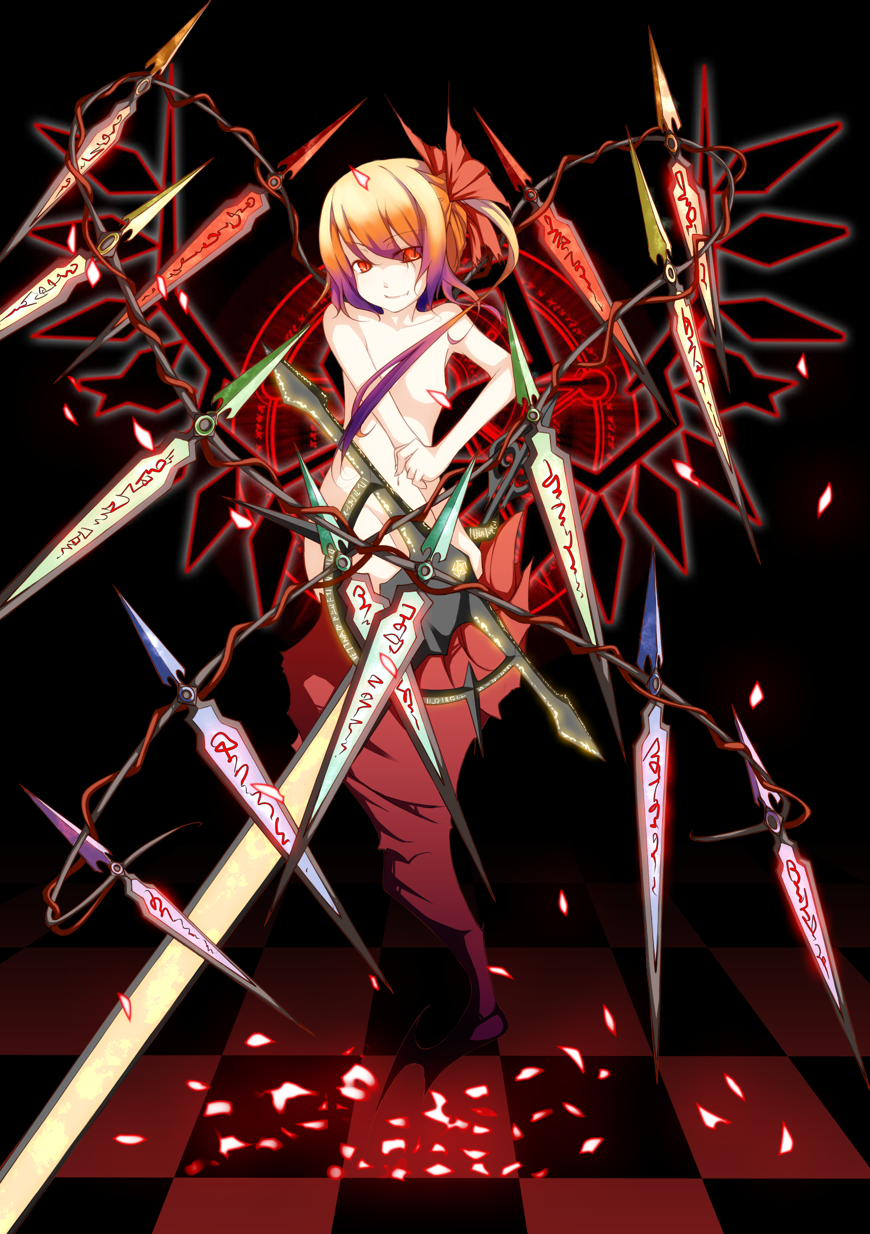 noirly, flandre scarlet, touhou, absurdres, highres, 1girl, alternate wings, blonde hair, female focus, mechanical wings, nude, red eyes, short hair, side ponytail, solo, sword, weapon, wings