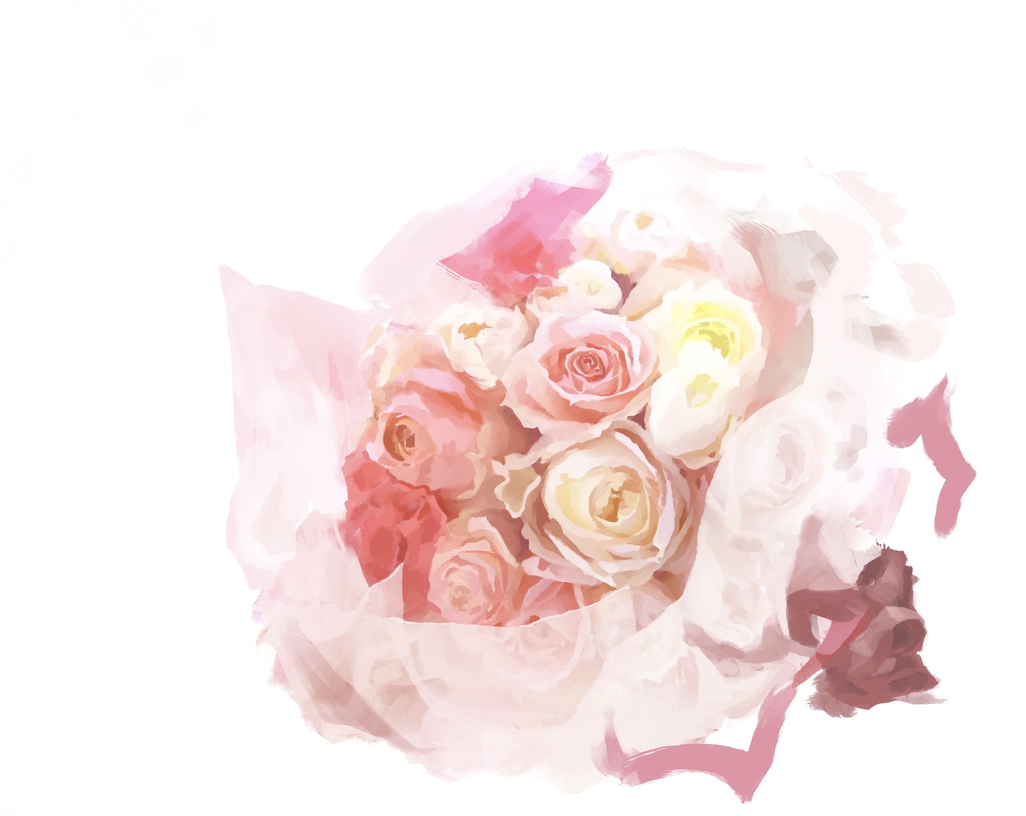 yu02257951, original, highres, painting (medium), traditional media, bud, flower, leaf, no humans, pink flower, pink rose, plant, plant focus, rose, still life, white background