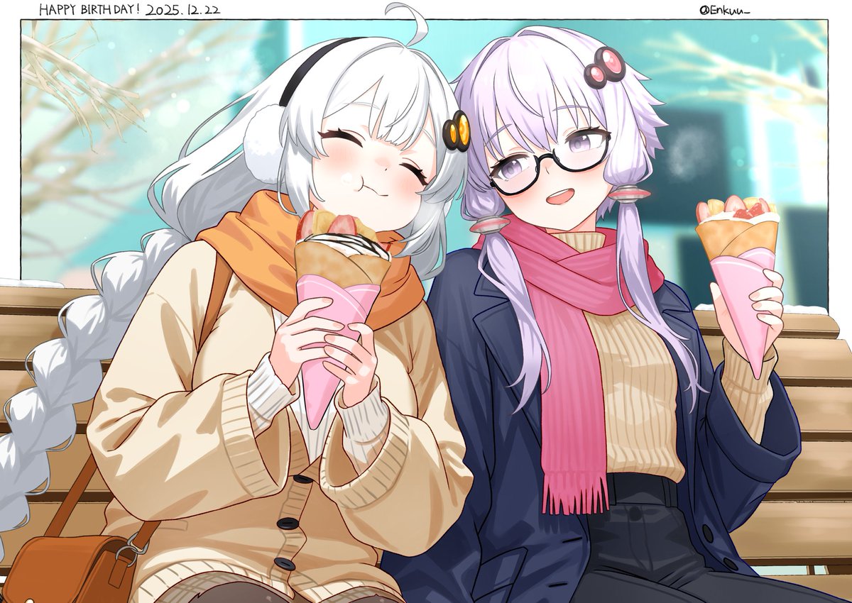 poke kuu, kizuna akari, yuzuki yukari, vocaloid, voiceroid, commentary request, 2girls, :d, ^ ^, bag, bench, black-framed eyewear, black coat, black pants, blurry, blurry background, blush, braid, brown bag, brown cardigan, brown sweater, cardigan, closed eyes, coat, cream, crepe, dated, earmuffs, eating, food, fruit, glasses, hair ornament, happy birthday, holding, holding crepe, holding food, multiple girls, open clothes, open coat, open mouth, orange scarf, pants, pink scarf, purple eyes, scarf, short hair with long locks, shoulder bag, sidelocks, sitting, smile, strawberry, sweater, teeth, twin braids, twitter username, upper teeth only, white hair, white sweater