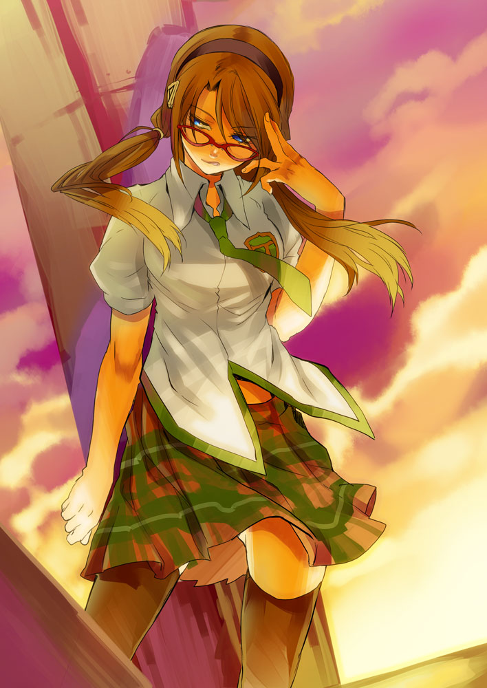 tenkuu sphere, makinami mari illustrious, neon genesis evangelion, rebuild of evangelion, bad id, bad pixiv id, 00s, 1girl, blue eyes, brown hair, female focus, glasses, necktie, plaid clothes, plaid skirt, skirt, solo, thighhighs, zettai ryouiki