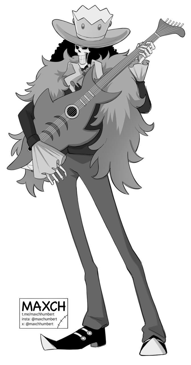 brook (one piece), one piece, commentary, highres, 1boy, afro, ascot, crown, feather boa, full body, greyscale, guitar, hat, instagram username, instrument, male focus, maxchhumbert, monochrome, pointy shoes, shoes, simple background, skeleton, solo, twitter username, watermark