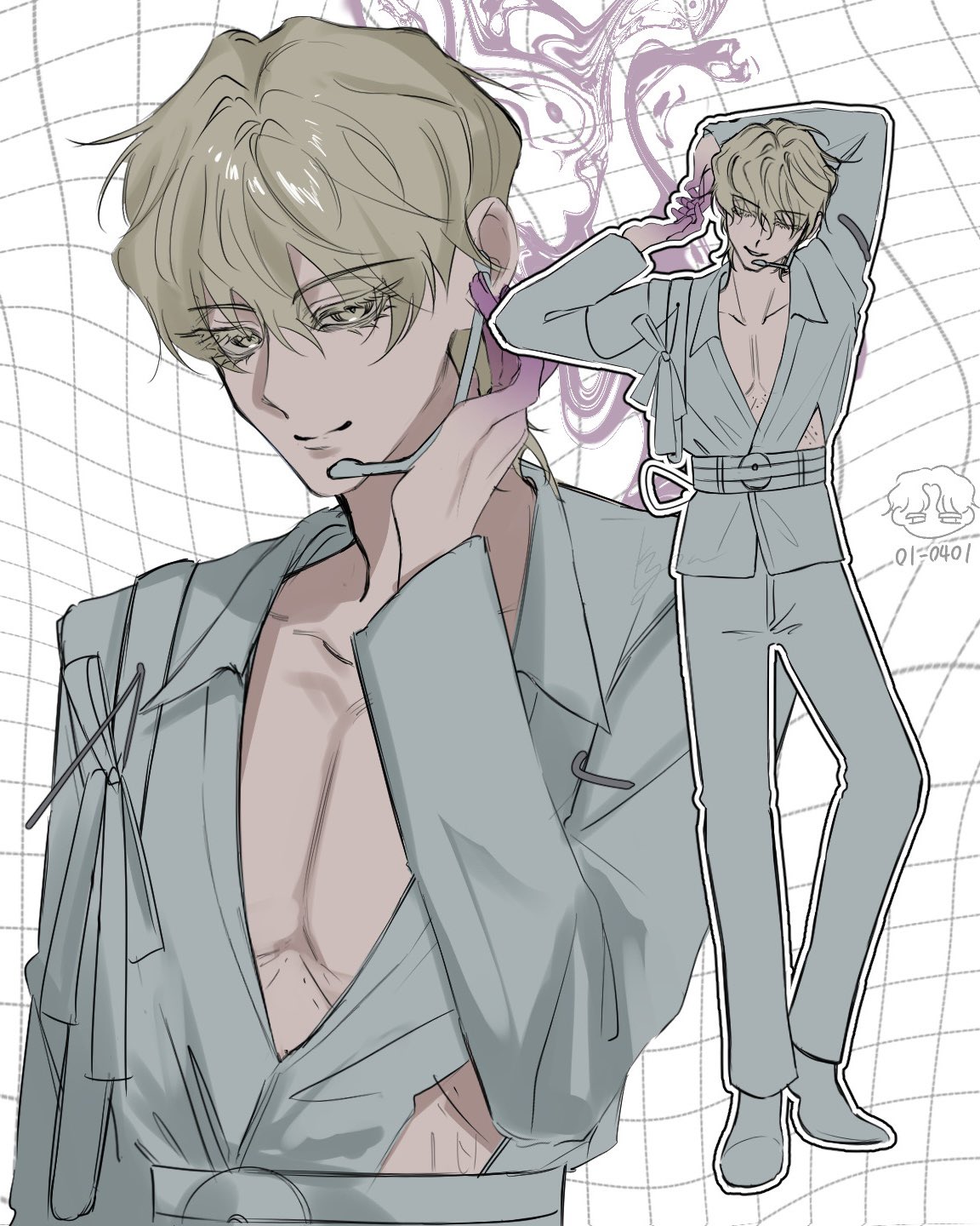 kyon (zmwh8222), luka (alien stage), alien stage, commentary request, highres, 1boy, blonde hair, colored extremities, colored eyelashes, grey jacket, grey pants, grey shoes, jacket, long sleeves, male focus, multiple views, pants, pectorals, shoes, yellow eyes