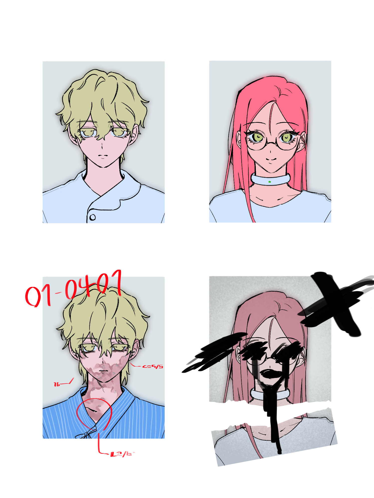 kyon (zmwh8222), luka (alien stage), mizi (alien stage), alien stage, highres, 1boy, 1girl, burn scar, choker, colored eyelashes, glasses, pink hair, scar, scar on face, scar on neck, shirt, short hair, torn photo, very short hair, white choker, white shirt, yellow eyes