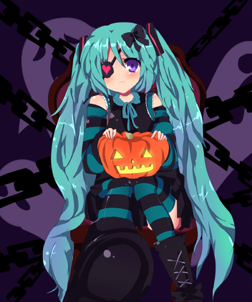 tsukikusa, hatsune miku, vocaloid, 1girl, aqua hair, boots, bow, chain, eyepatch, female focus, hair bow, halloween, jack-o'-lantern, long hair, pumpkin, purple background, purple eyes, solo, striped clothes, striped thighhighs, thighhighs, twintails, very long hair, zettai ryouiki