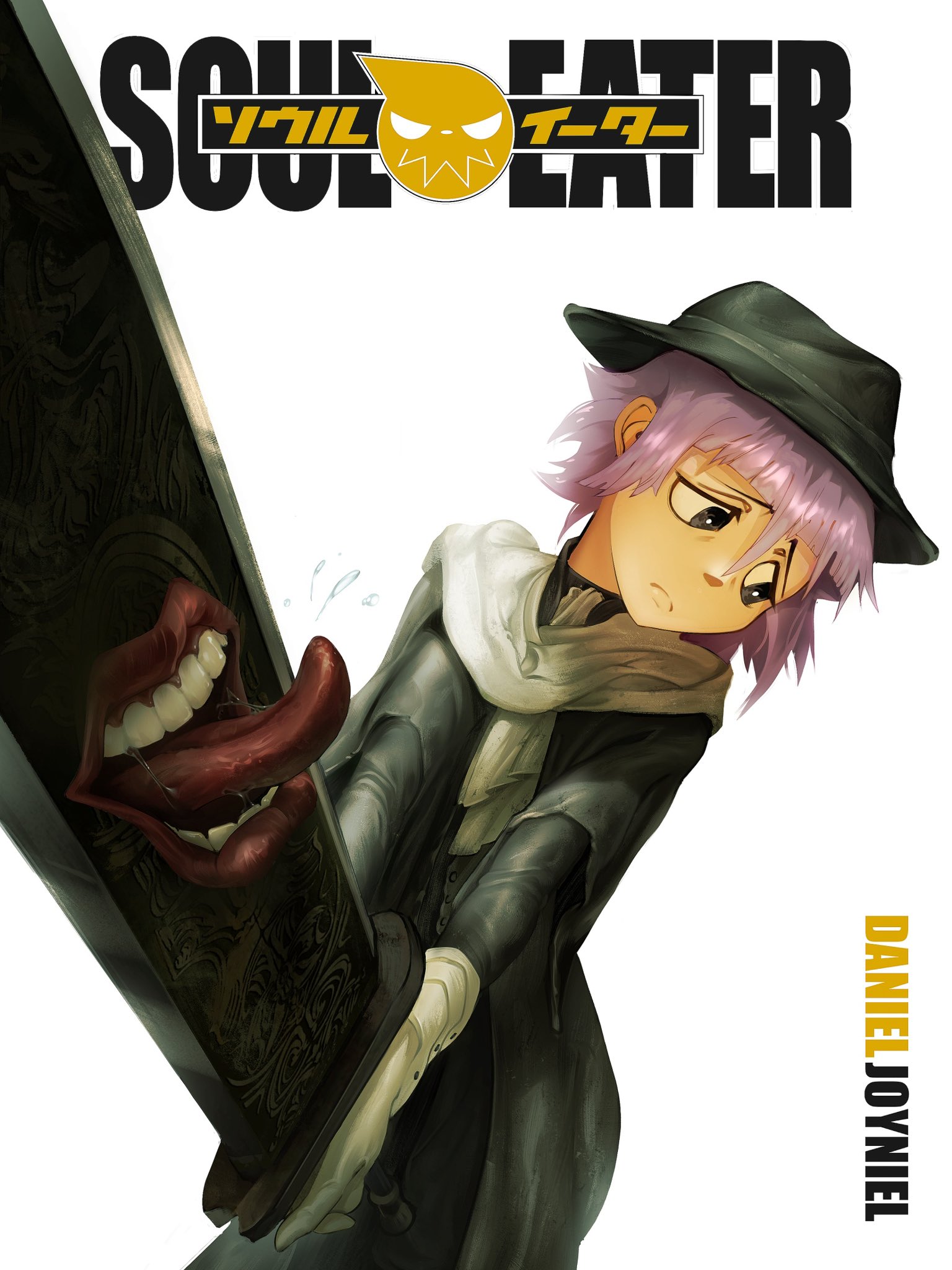 danieljoyniel, crona (soul eater), hunter (bloodborne), bloodborne, soul eater, highres, 1other, androgynous, artist name, ascot, black hat, black jacket, copyright name, cosplay, fedora, frown, furrowed brow, gloves, hair between eyes, hat, holding, holding sword, holding weapon, hunter (bloodborne) (cosplay), jacket, pink hair, saliva, scarf, short hair, solo, sword, teeth, tongue, tongue out, upper body, weapon, white ascot, white background, white gloves, white scarf, worried