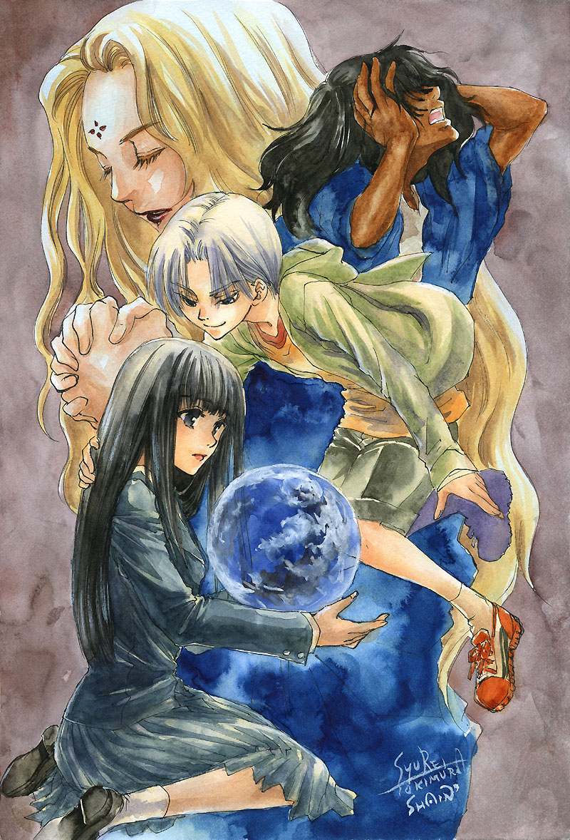 tokimura shurei, kobayashi rin, mokuren, sakaguchi alice, shion (please save my earth), boku no chikyuu o mamotte, traditional media, 2boys, 2girls, black hair, blonde hair, closed eyes, earth (planet), facial mark, floating, forehead mark, hair over eyes, hands on own head, hood, hoodie, kneeling, long hair, multiple boys, multiple girls, open mouth, own hands clasped, own hands together, planet, purple hair, school uniform, shirt, shorts, smile