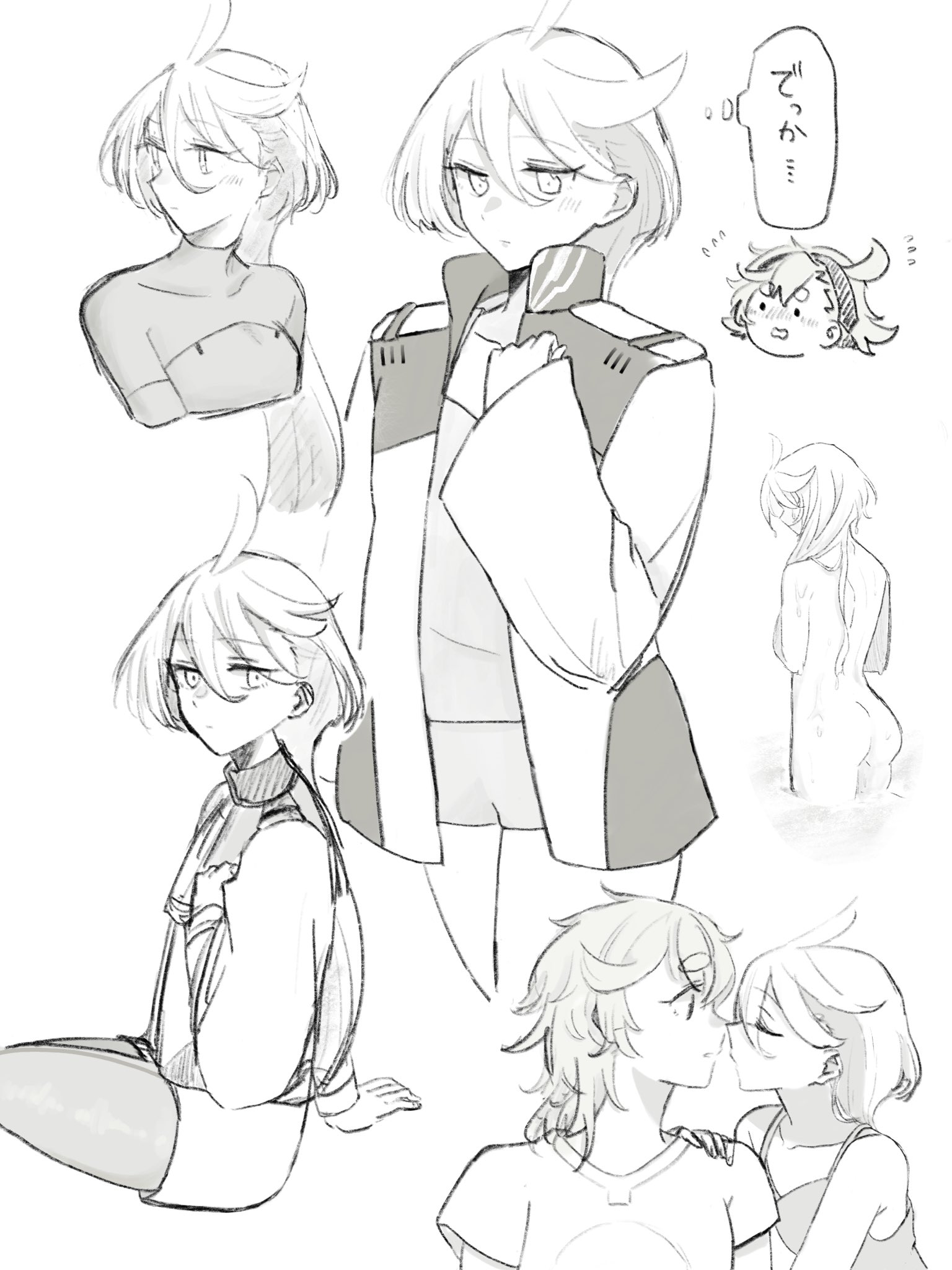 miorine rembran, suletta mercury, gundam, gundam suisei no majo, commentary, highres, translation request, 2girls, ass, asticassia school uniform, blush, borrowed clothes, camisole, closed eyes, greyscale, imminent kiss, long hair, looking at another, monochrome, multiple girls, nude, pantyhose, school uniform, shorts, speech bubble, thick eyebrows, thought bubble, tmt 10, yuri