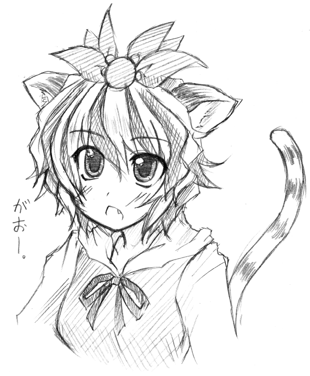 eku, toramaru shou, touhou, bad id, bad pixiv id, 1girl, animal ears, cat ears, fang, female focus, greyscale, monochrome, multicolored hair, ribbon, solo, tail, two-tone hair
